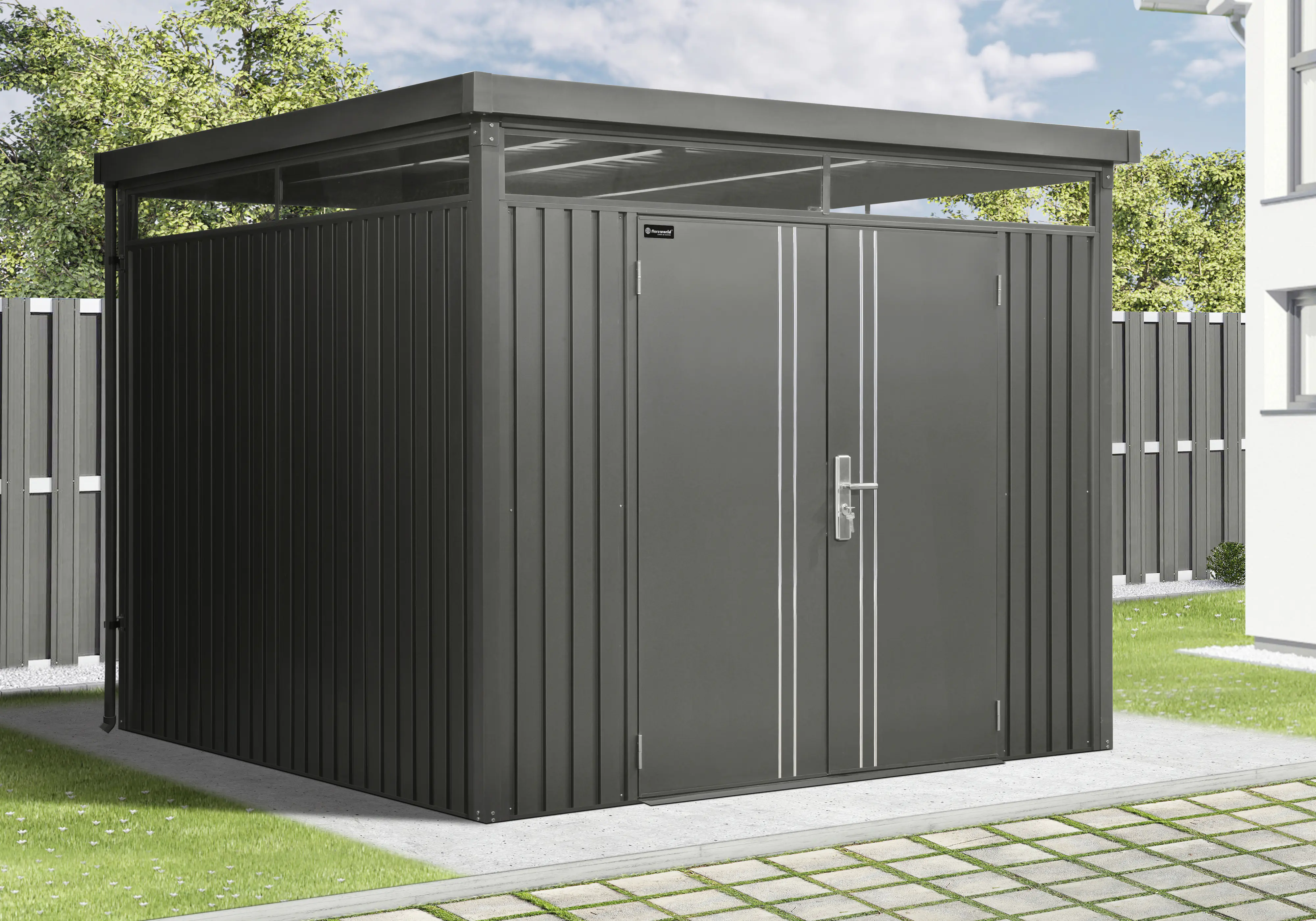 Floraworld Gerätehaus Premium Q7,5 FirstLine schwarz-mettalic 274 x 274 cm