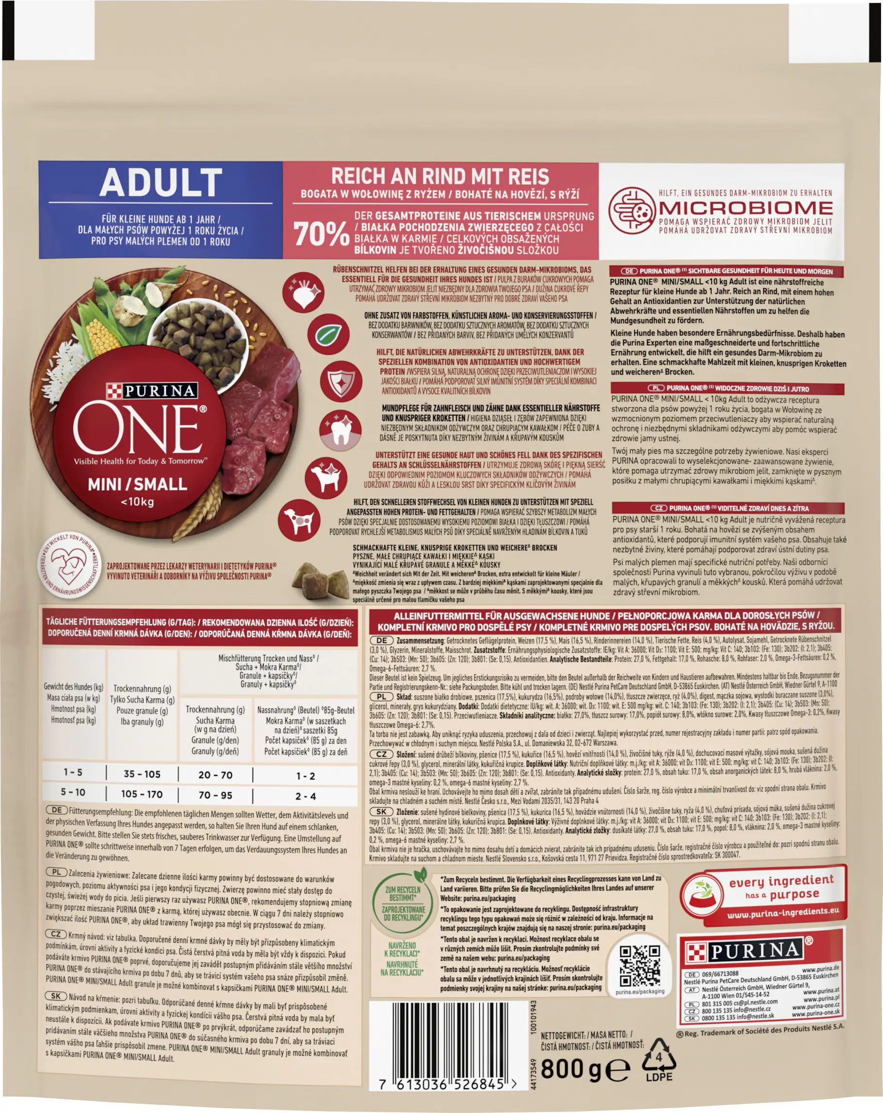Purina One Hundetrockenfutter Adult Mini 800 g Rind