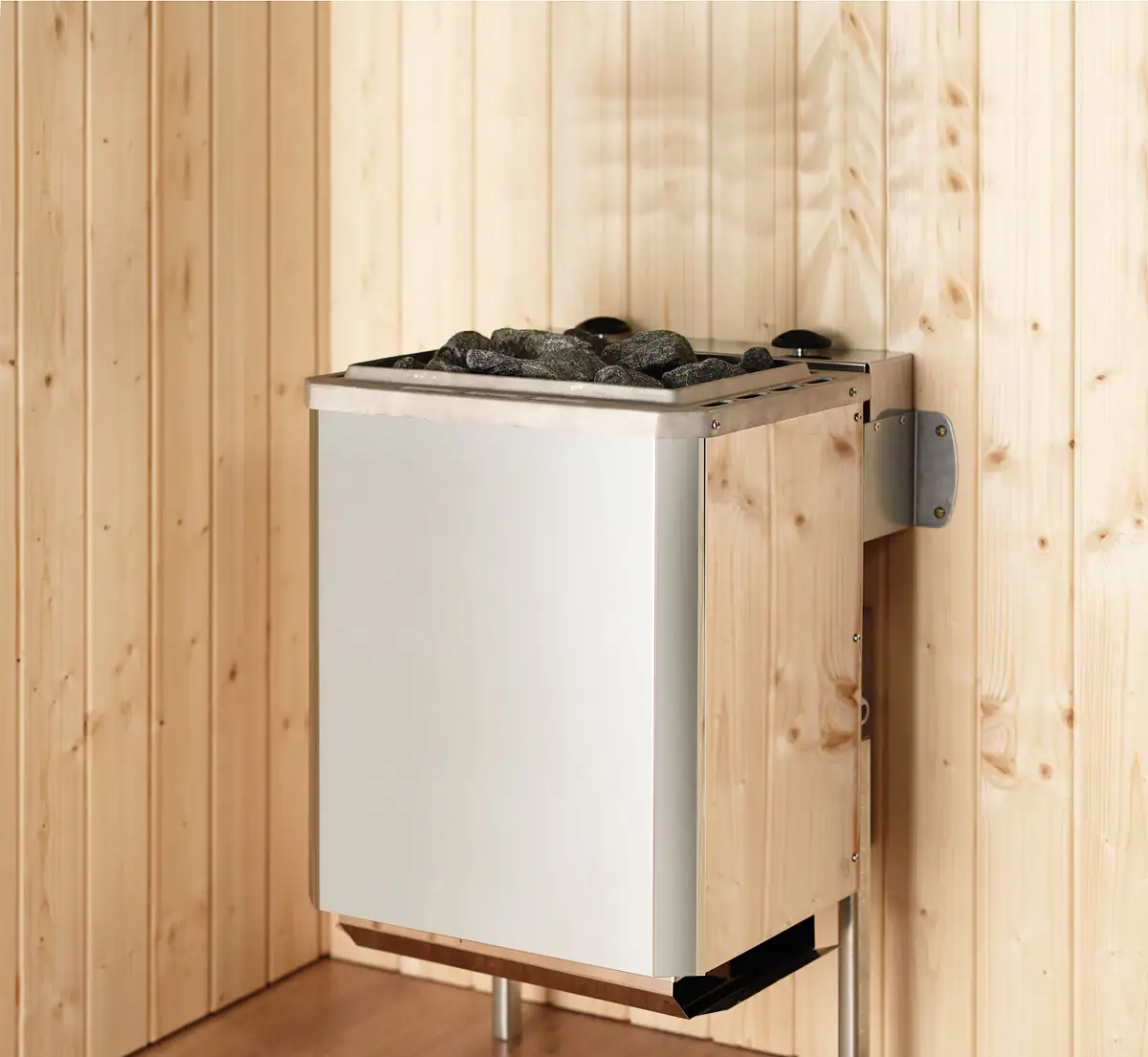 Weka Massivholz-Elementsauna Kemi Panorama 2 mit Glastür, 2 Fenstern und Saunaofen