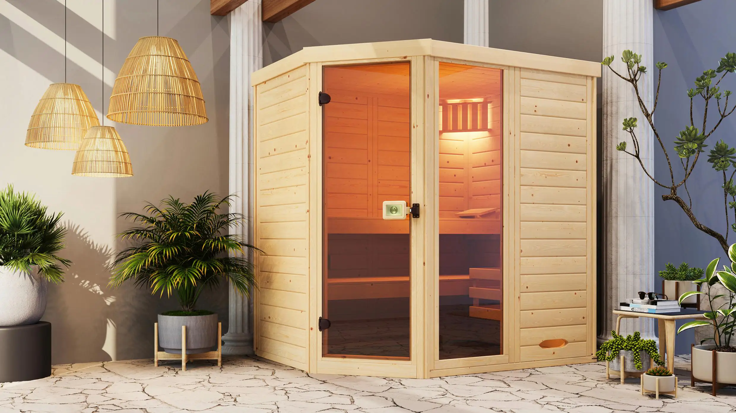 Weka Massivholz-Element-Sauna Laukkala 2 mit Glastür und Fenster