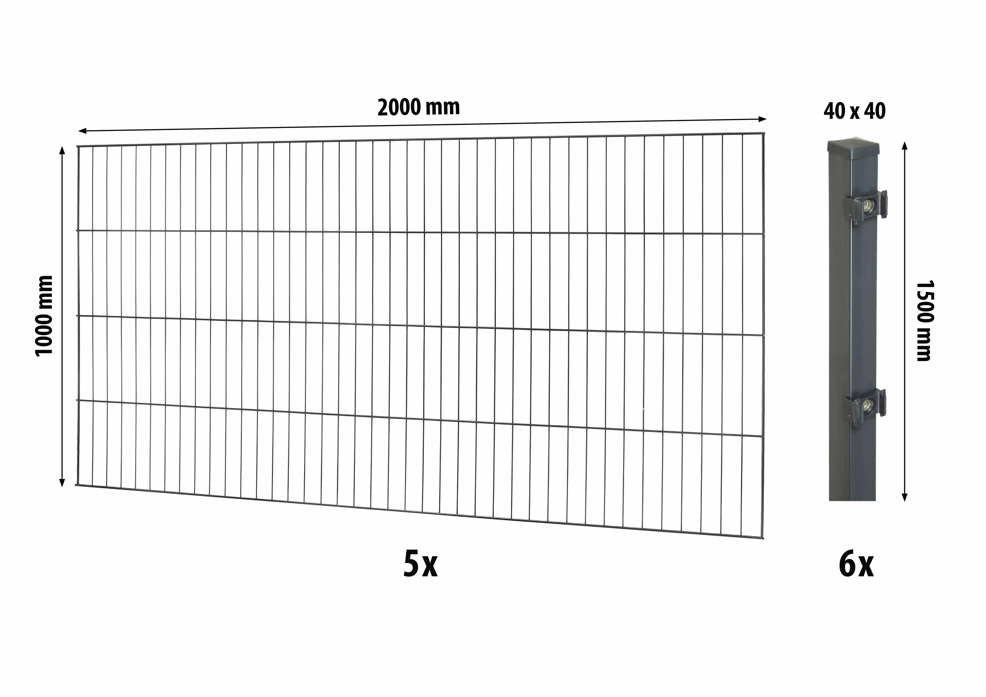 Floraworld Einstabmatten-Zaun Set Classic 10 m 200 x 100 cm inkl. 6 Pfosten 150 x 4 cm anthrazit