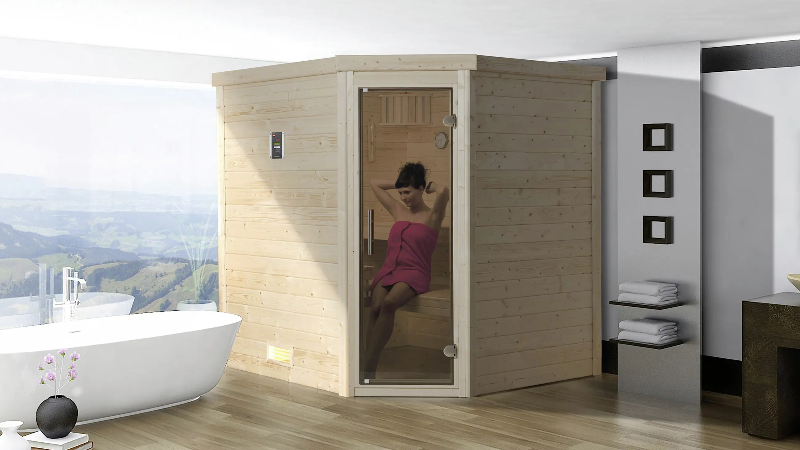 Weka Massivholzsauna Turku 1 mit Glastür mit Sparset 2