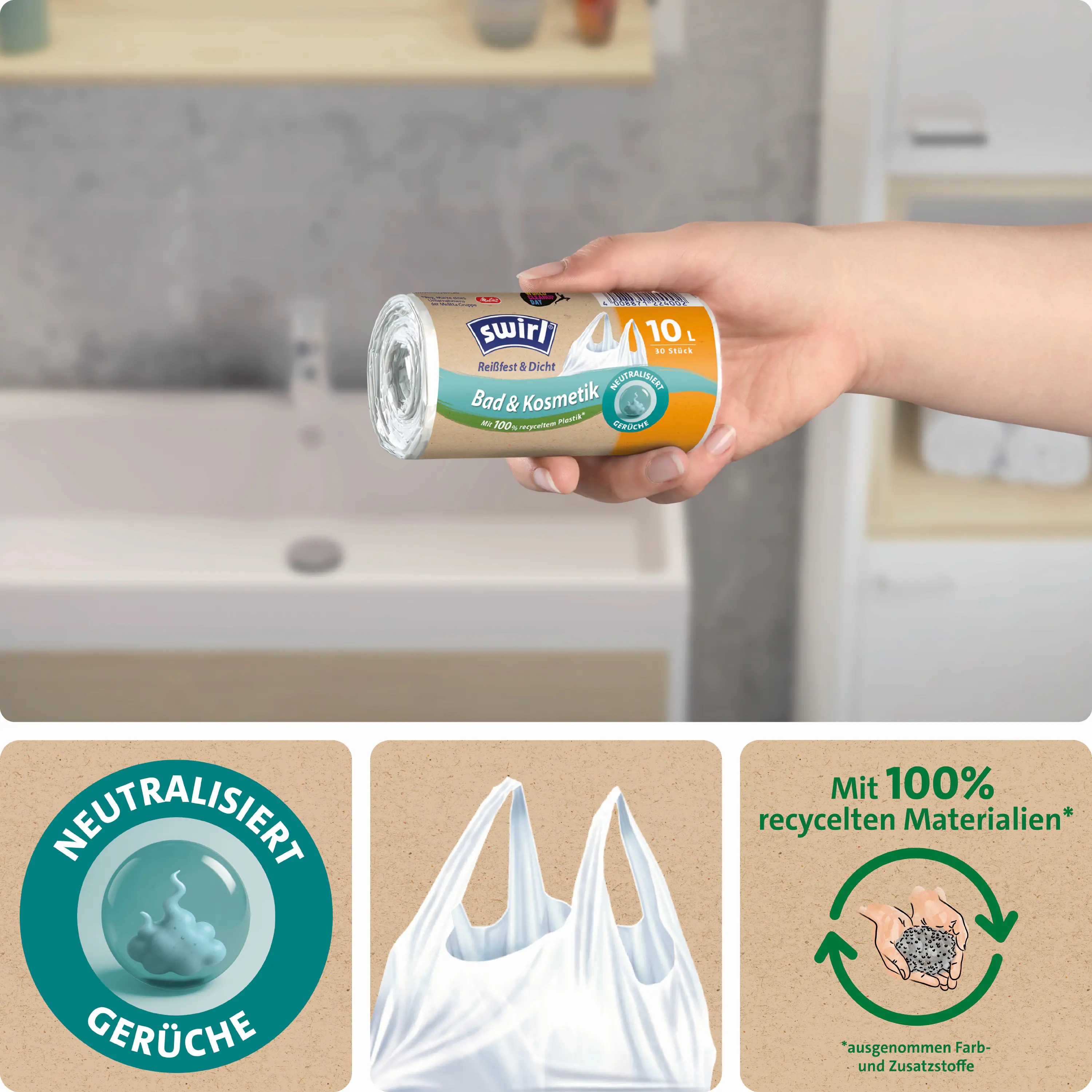 Swirl® Müllbeutel mit Tragegriff Reißfest & Dicht 10 L 30 Stück