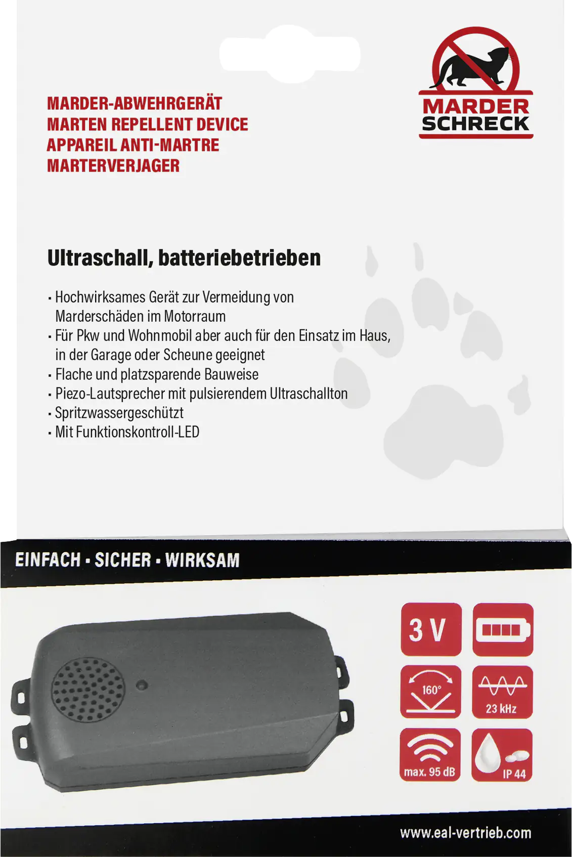 LAS Marder-Abwehrgerät mit Ultraschall 95dB 3V DC batteriebetrieben
