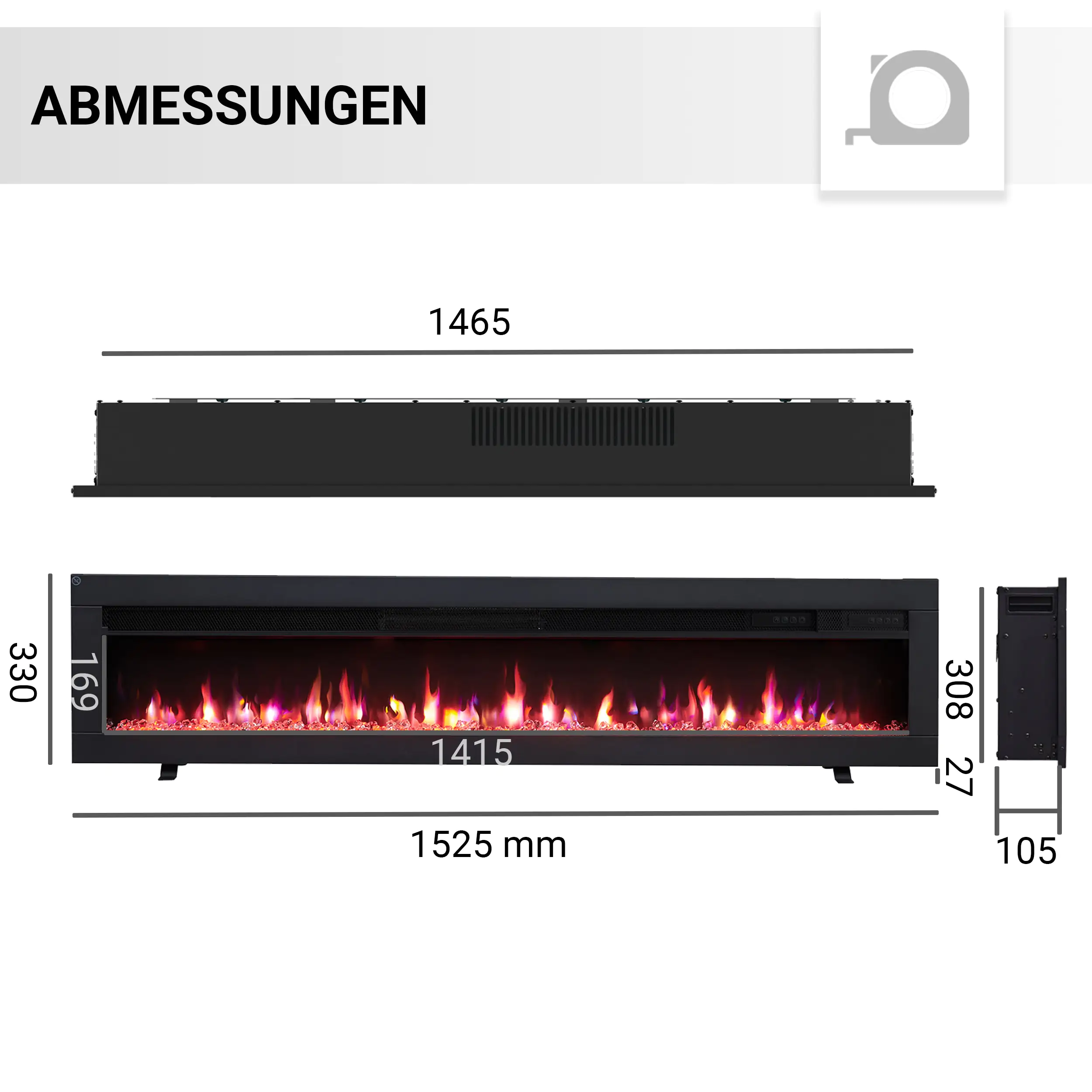 BALDERIA Elektrokamin schwarz Agnes 60 1000/1800 Watt 33 x 152,5 cm