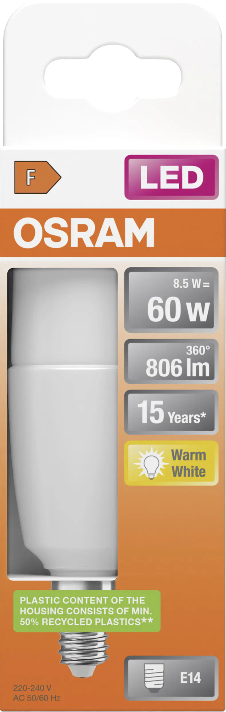 Osram LED Leuchtmittel Stick 60 E14 8W warmweiß, weiß matt