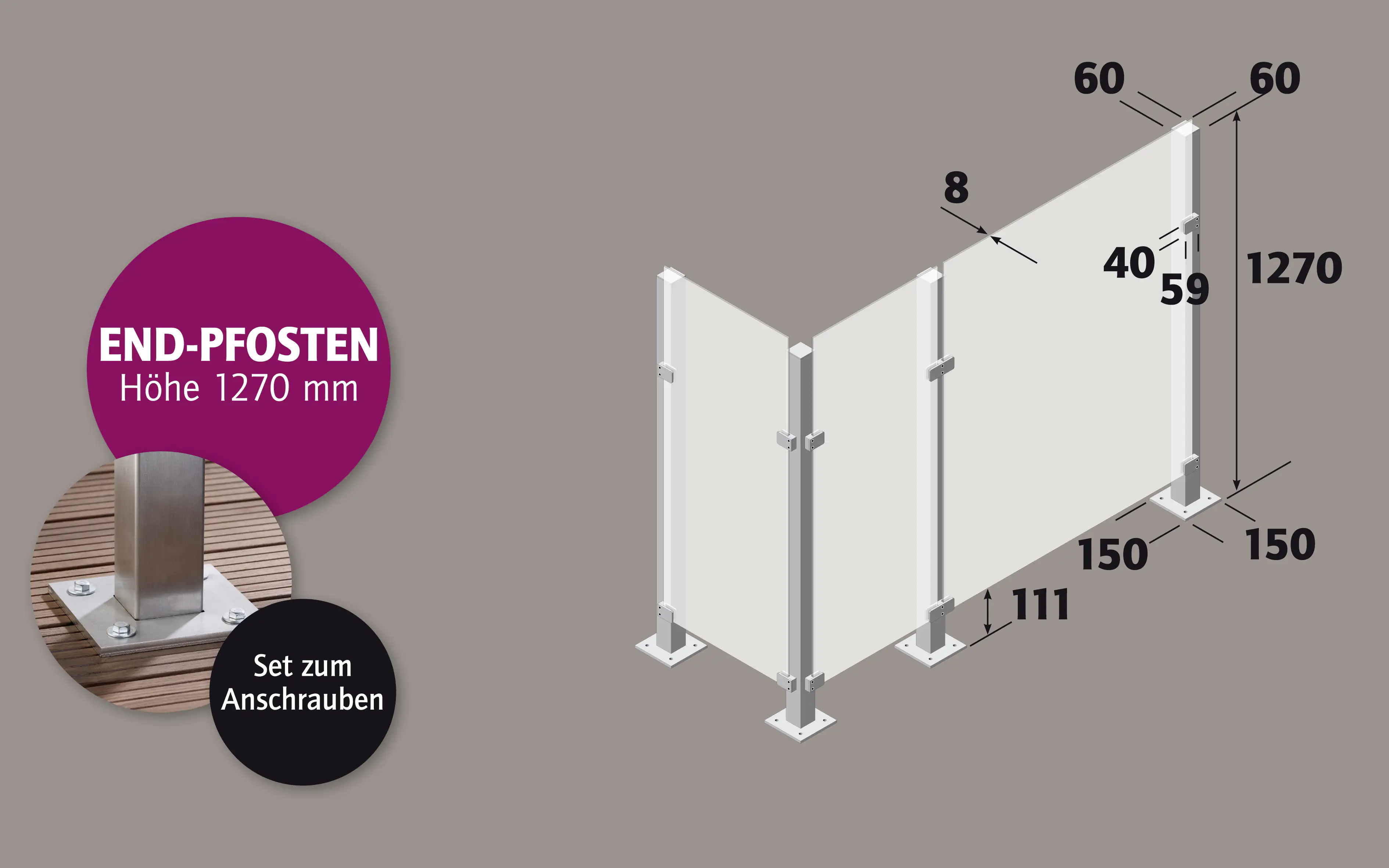 Ambiente Endpfosten-Set zum ANSCHRAUBEN 127 cm, 60 x 60 mm, Edelstahl V2A