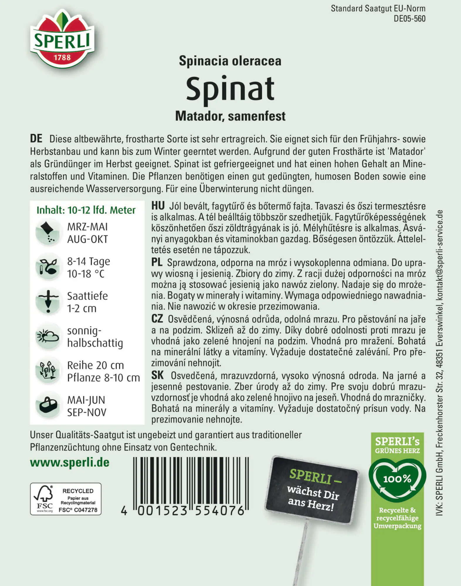 Sperli Saatgut Spinat Matador für ca. 2 – 3 m²