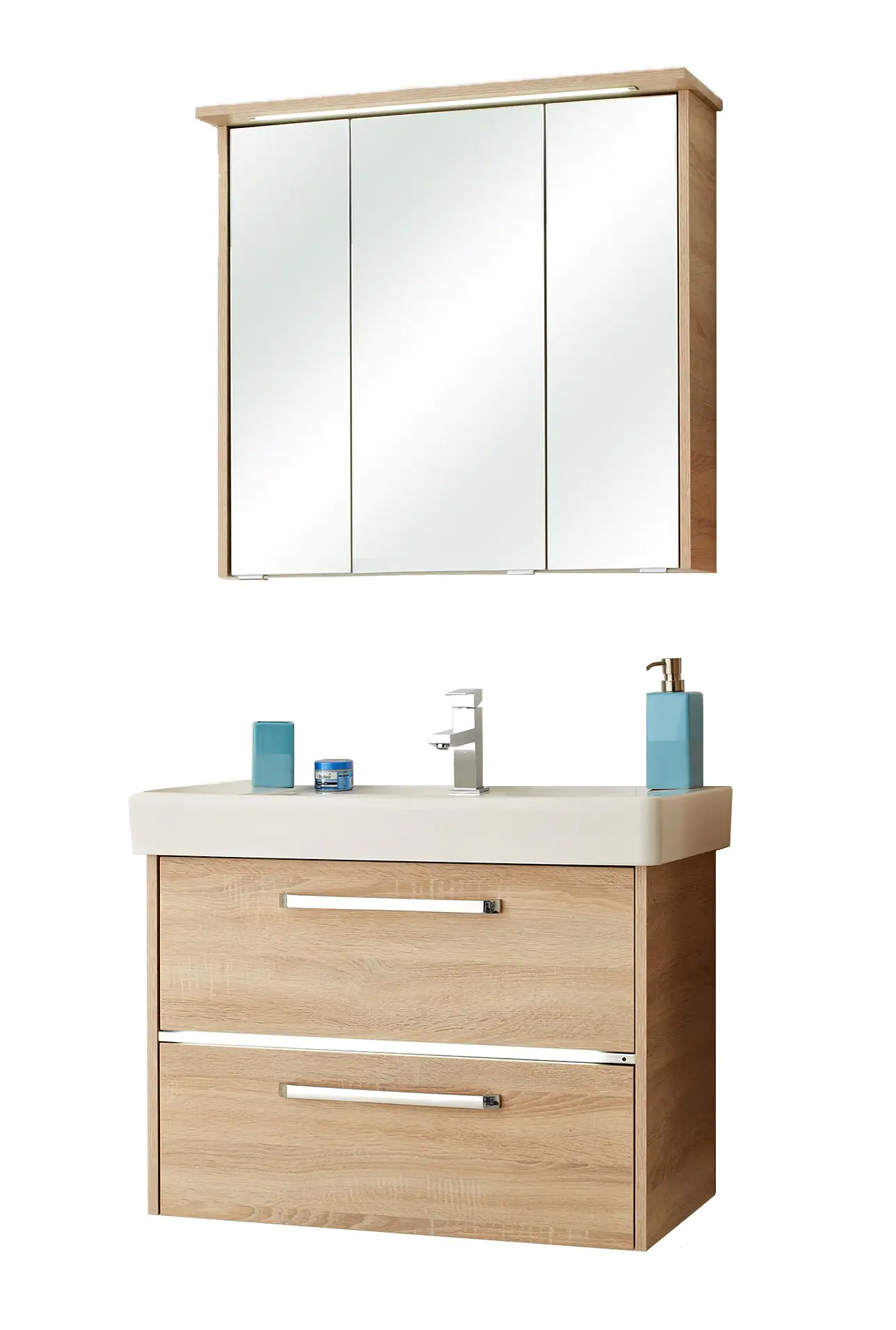 Primaster Badmöbelset Berlin eiche 80 cm Twin LED, Keramikwaschtisch