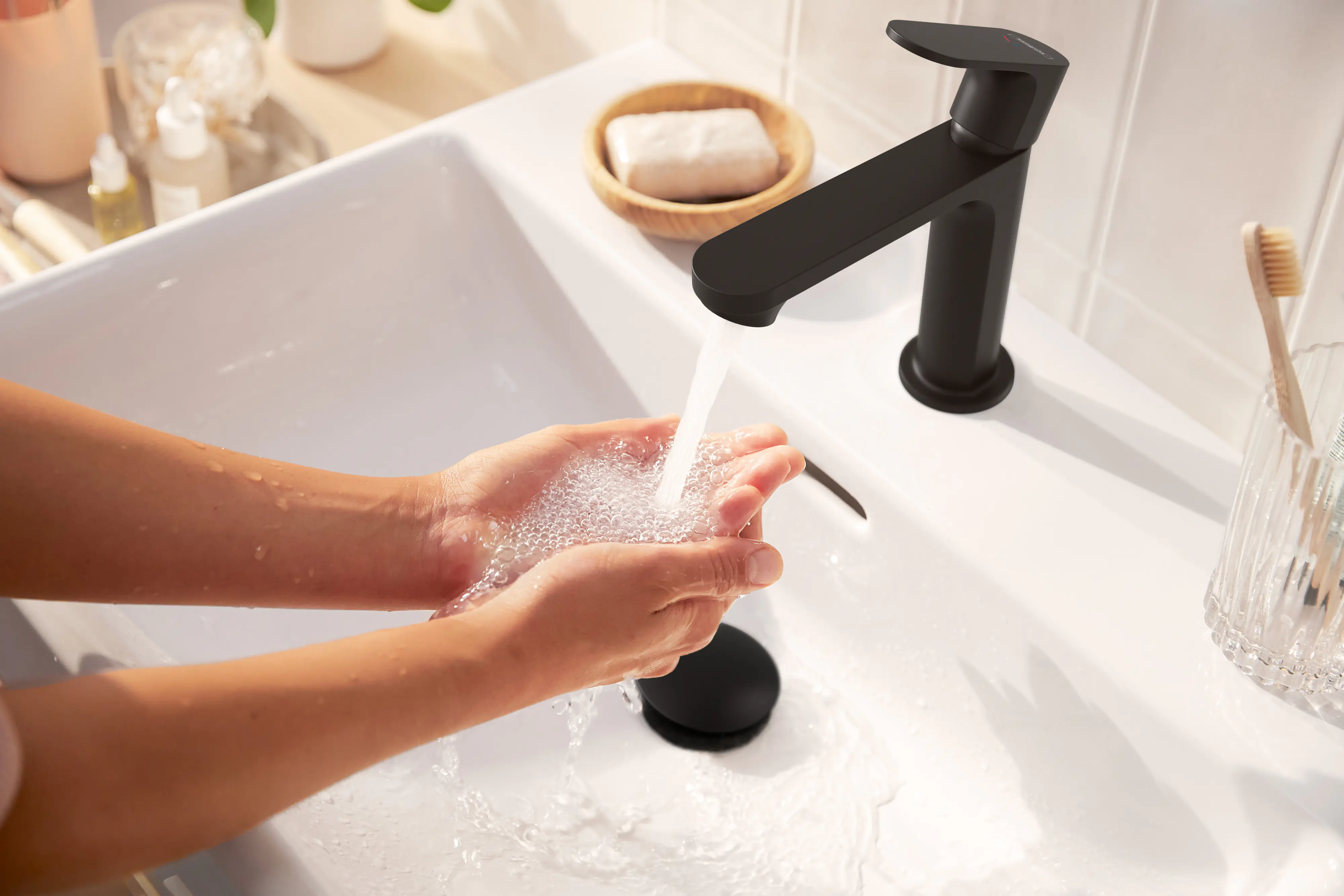 Hansgrohe Waschtischarmatur Rebris S 110 CoolStart EcoSmart+ mattschwarz
