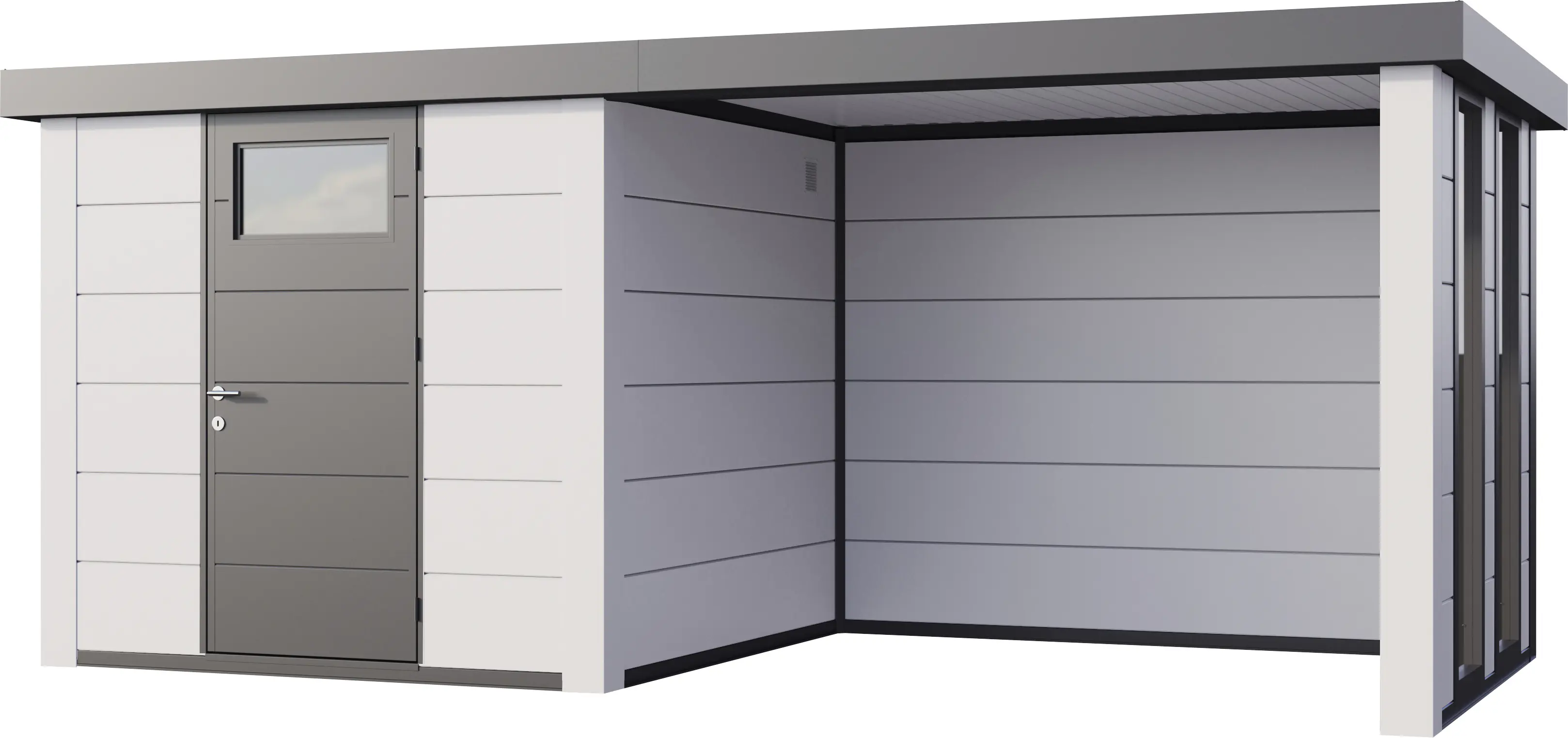 Telluria Gerätehaus Classico Lounge S mit Fenstern 2424 rechts EW weiß 522 x 238 cm