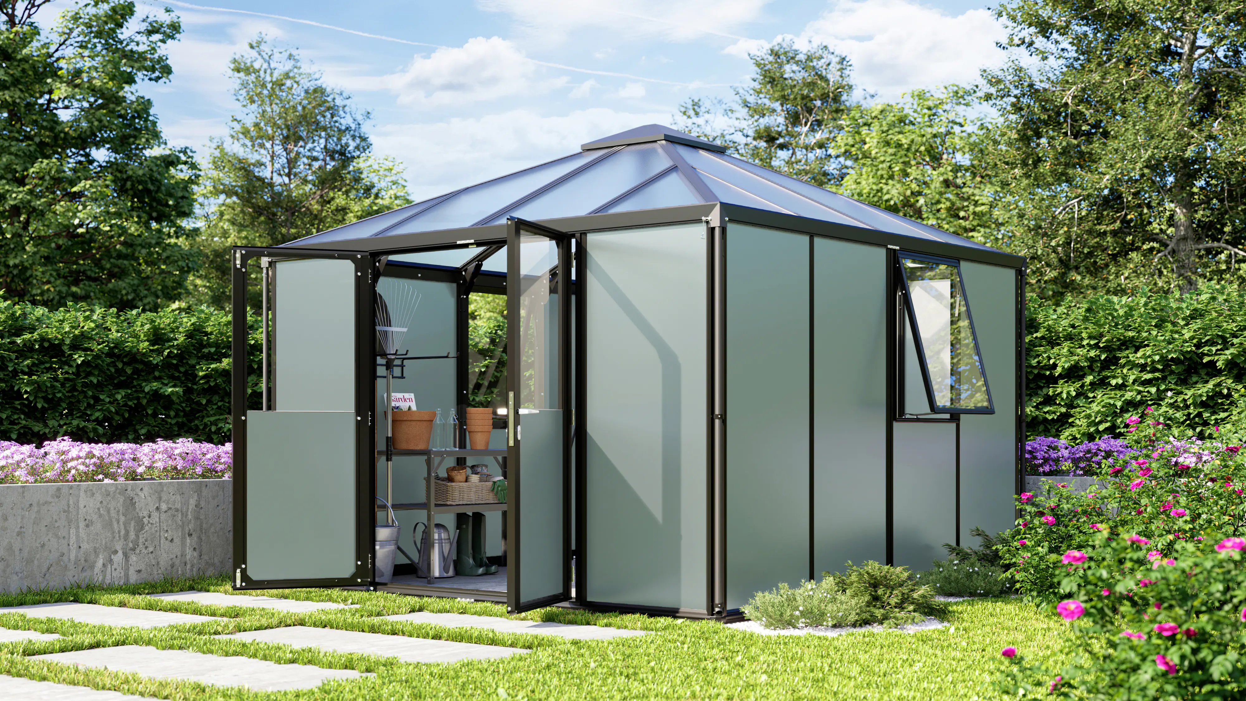 Vitavia Metallgerätehaus Universum schwarz mit Bodenplatte 317 x 321 cm