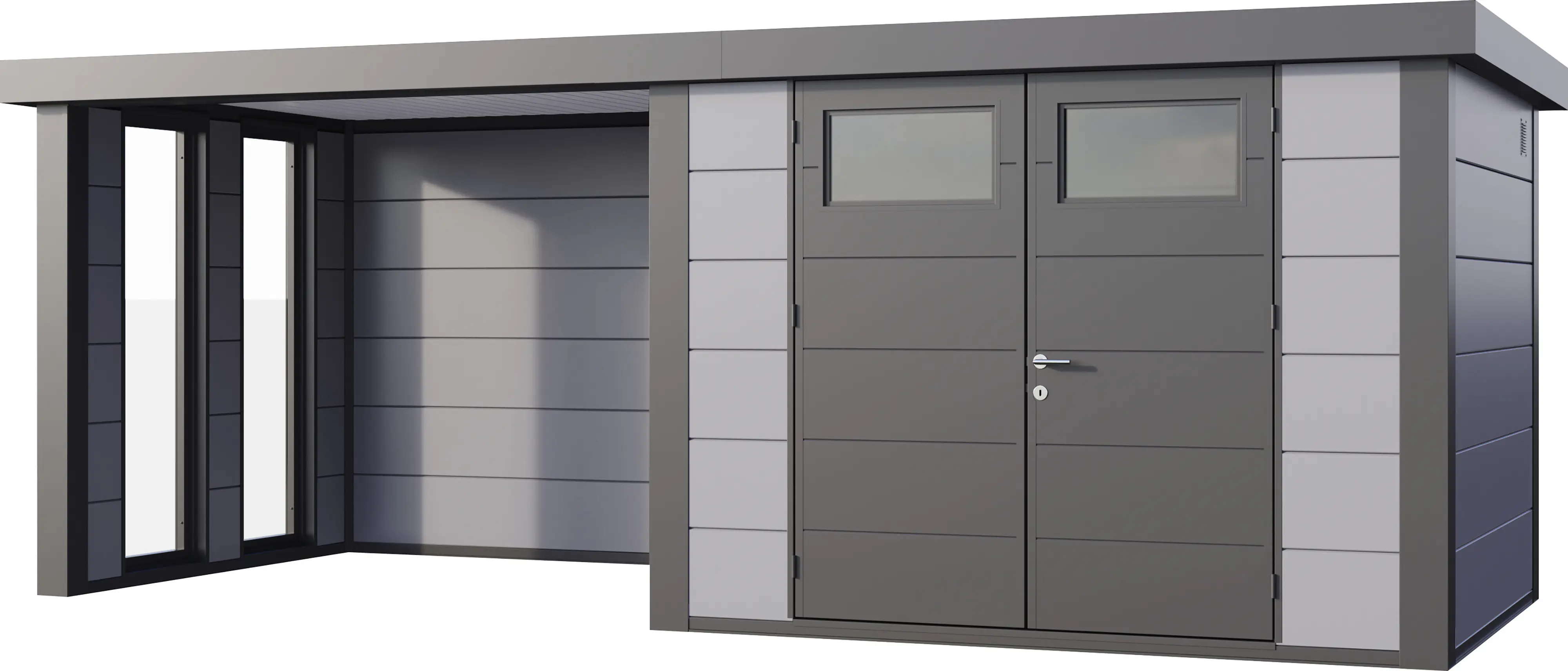 Telluria Gerätehaus Classico Lounge S mit Fenstern 3024 links lichtgrau 582 x 238 cm