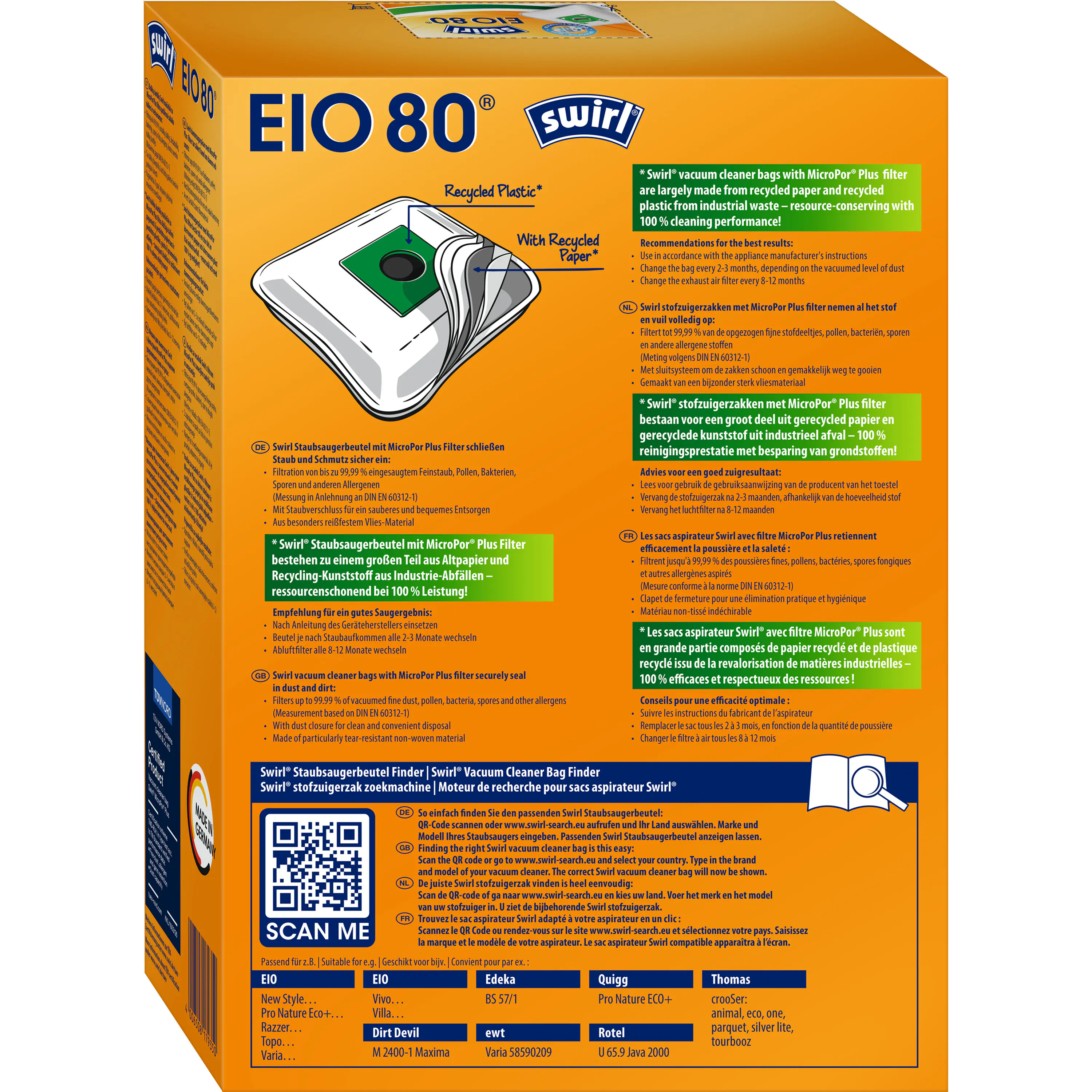 Swirl EIO 80 EcoPor Staubsaugerbeutel 4 Staubbeutel + 1 Filter