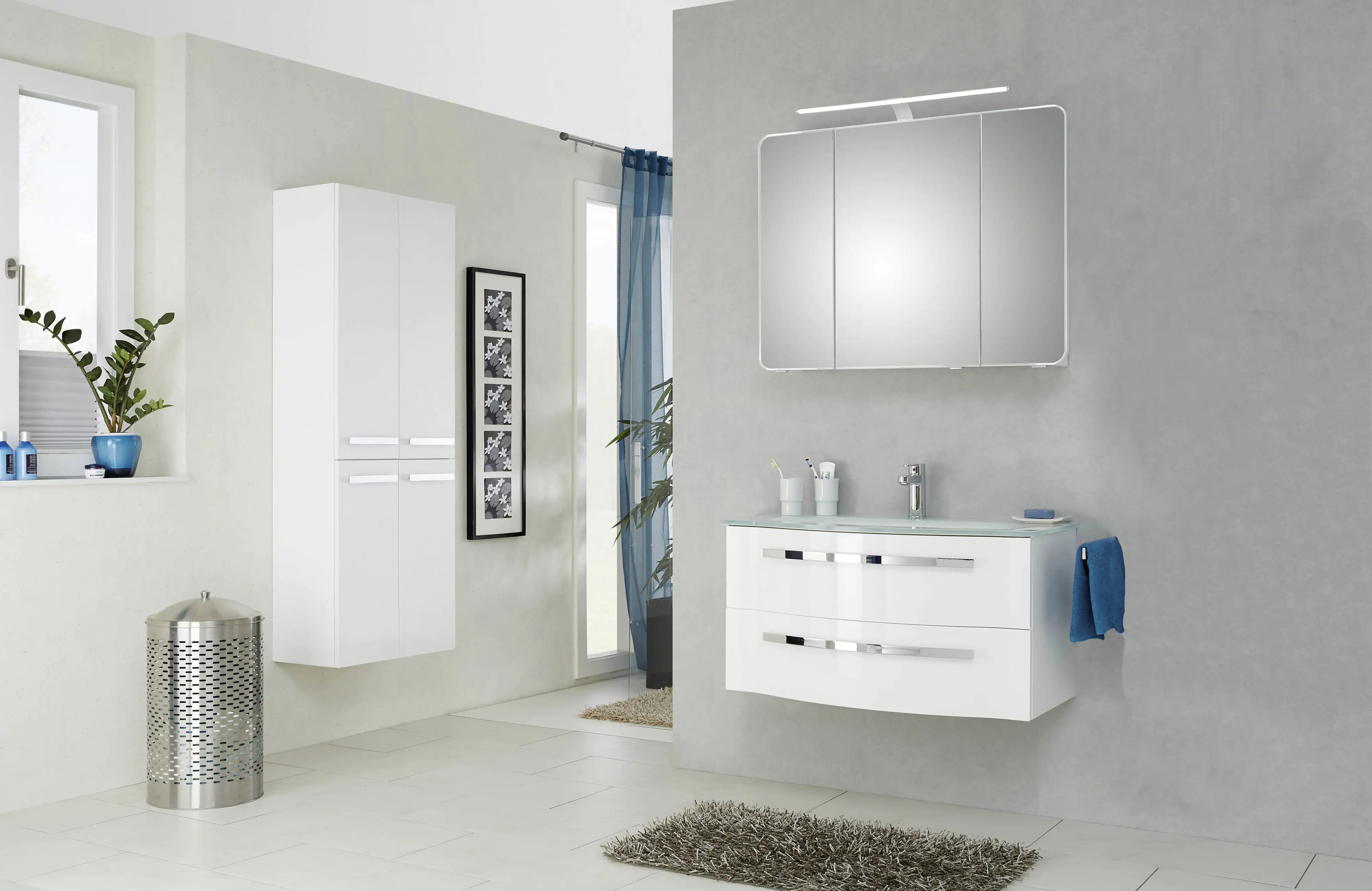 Pelipal Badmöbel-Set 4005 Lack polarweiß Hgl mit Glas-Waschtisch + LED-Leuchte 92 cm