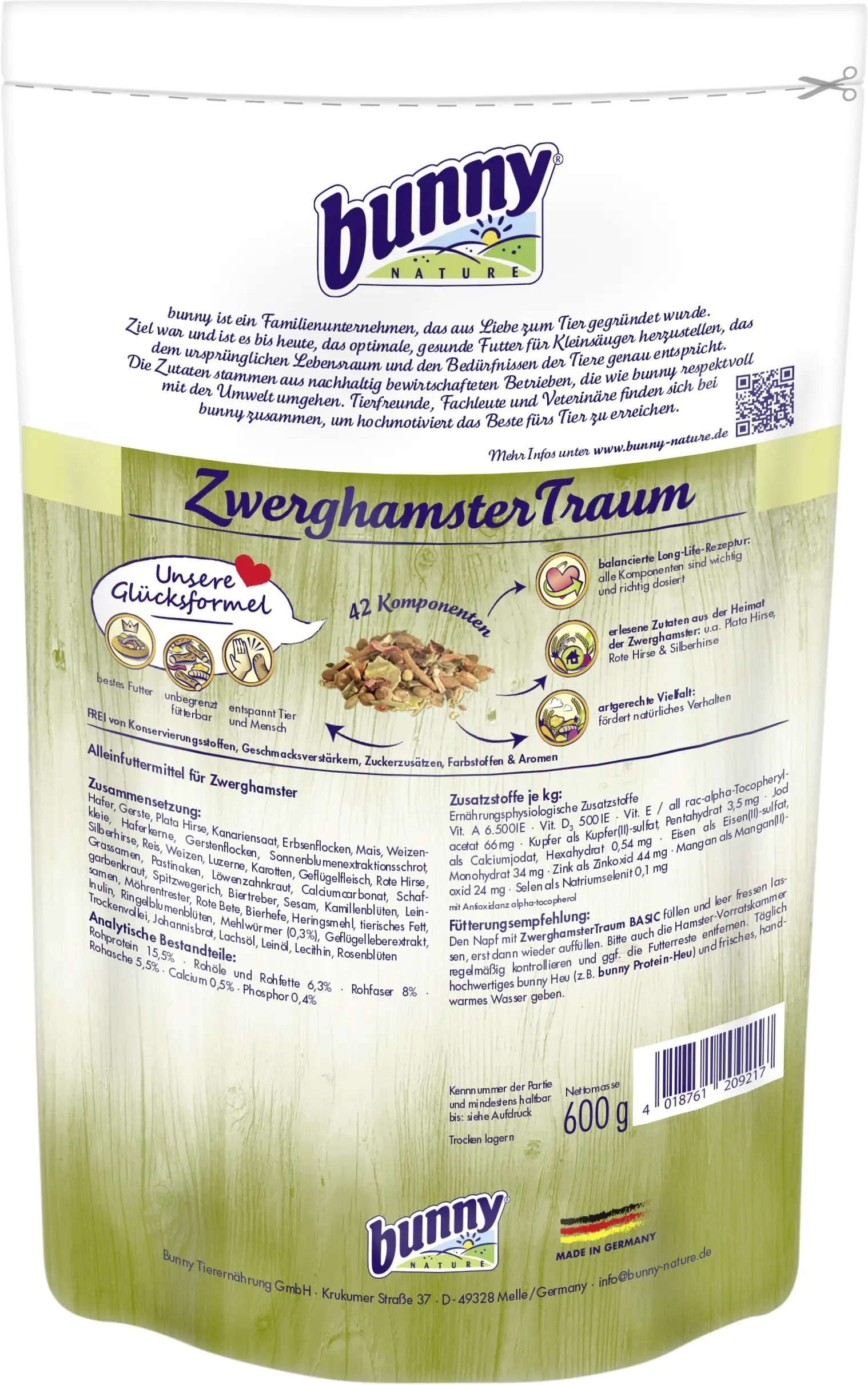 Bunny Hamsterfutter Zwerghamster-Traum Basic 600 g