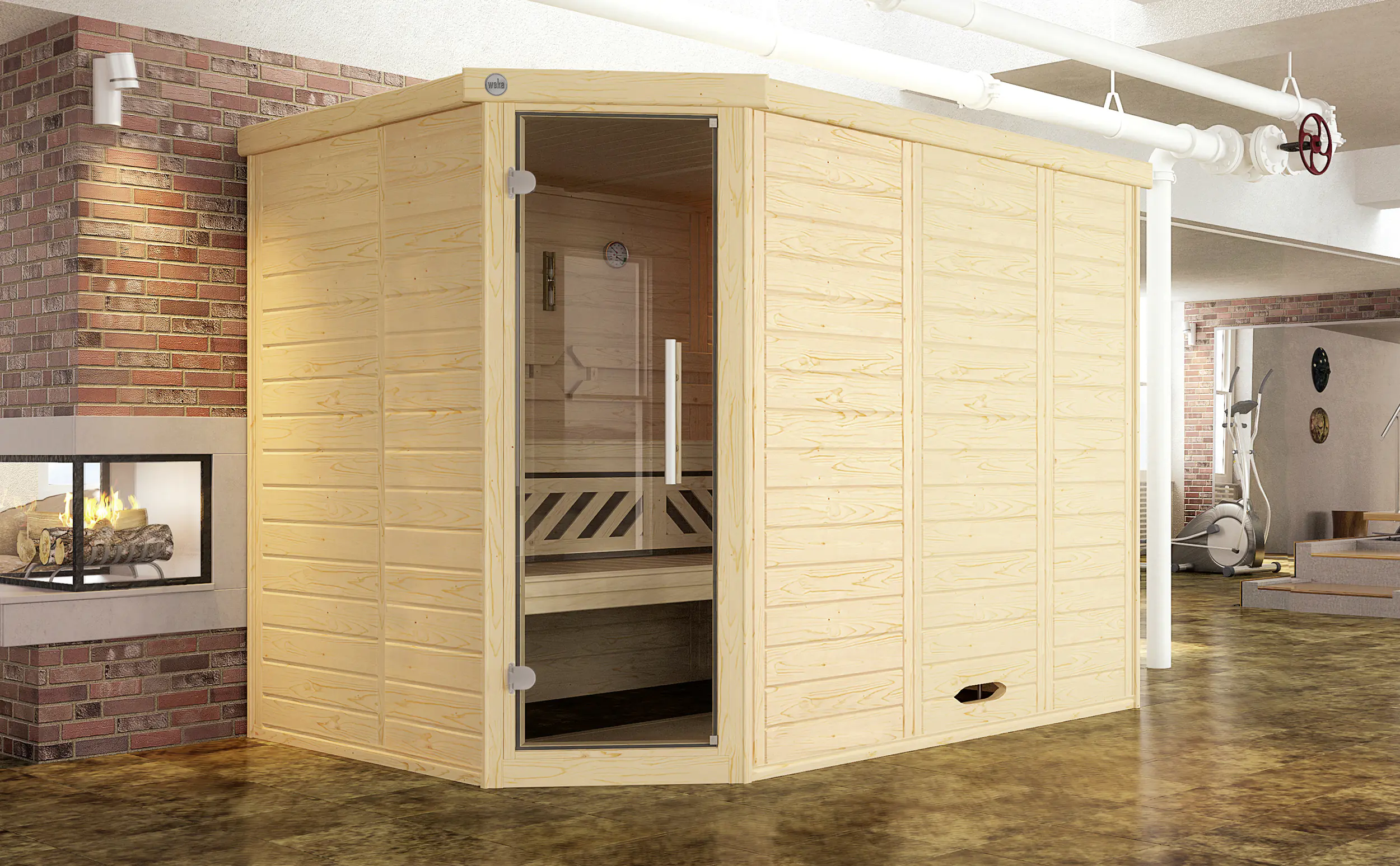 Weka Massivholz-Eck-Sauna Kemi Eck 2 mit Glastür und Wohlfühl-Paket