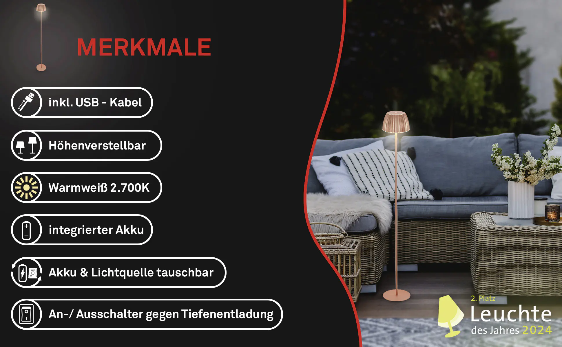Briloner LED-Stehleuchte Riffle mit Akku kupfer dimmbar