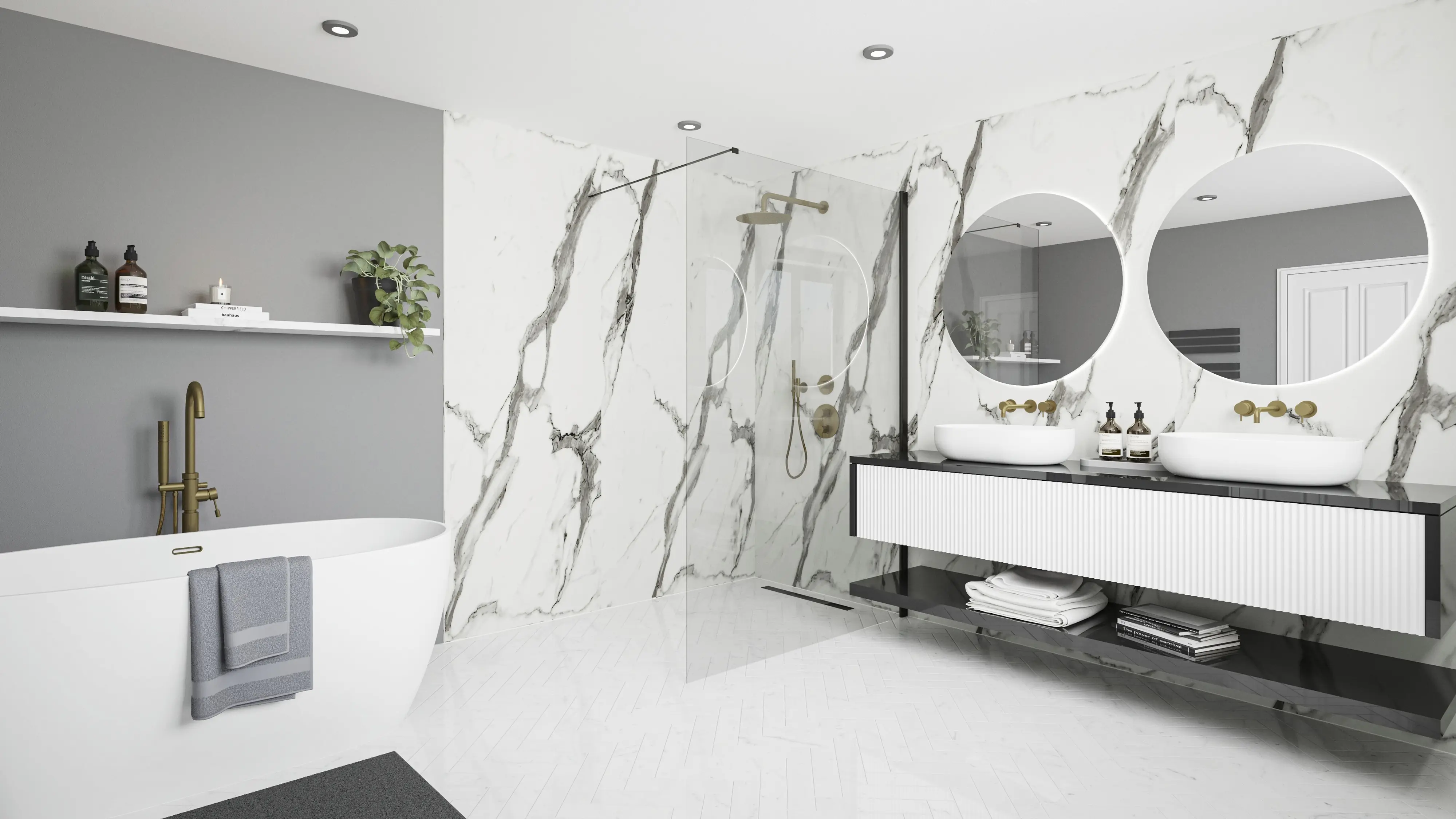 Wetwall Elite Wandpaneel  Calacatta Statuario 120 x 242 cm mit abgerundeter Abschlusskante