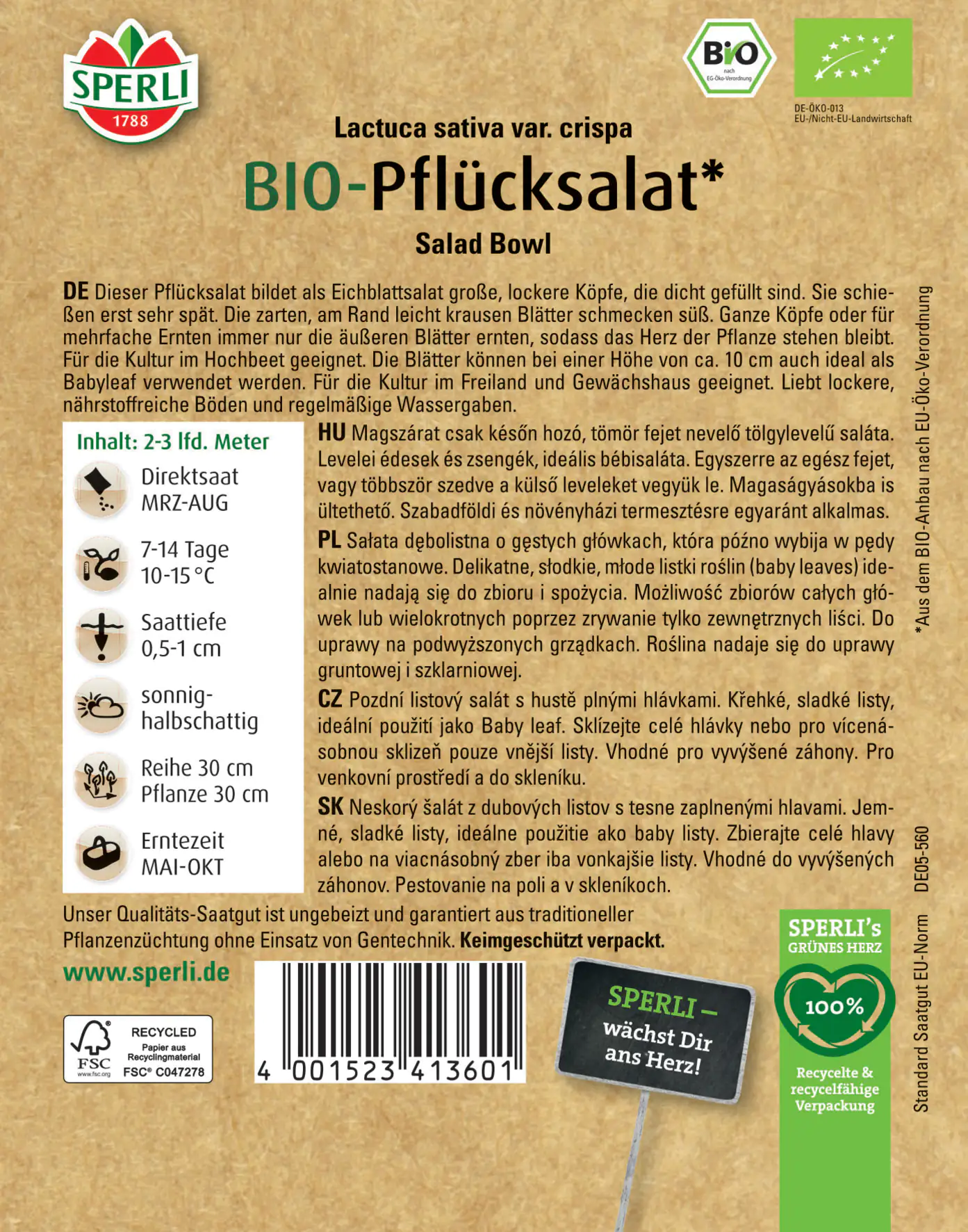 Sperli BIO Pflücksalat grün
