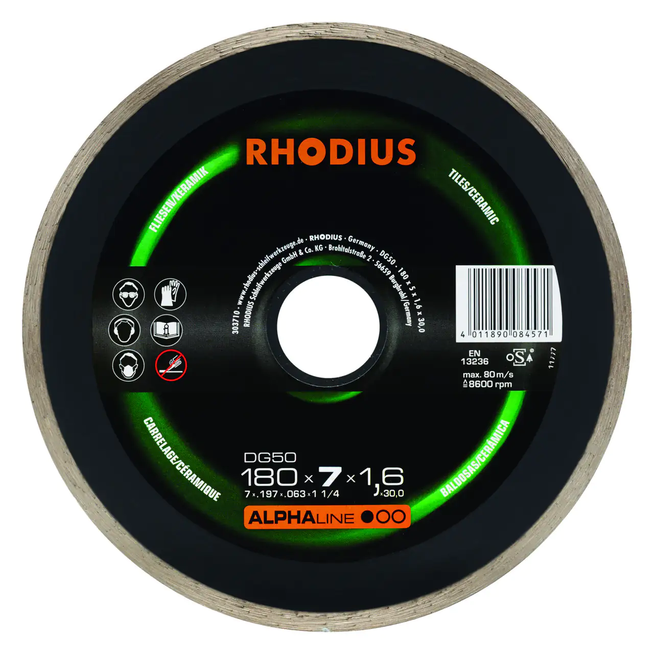Rhodius Diamanttrennscheibe DG50 Fliesen Ø 180 mm Bohrung 30 mm