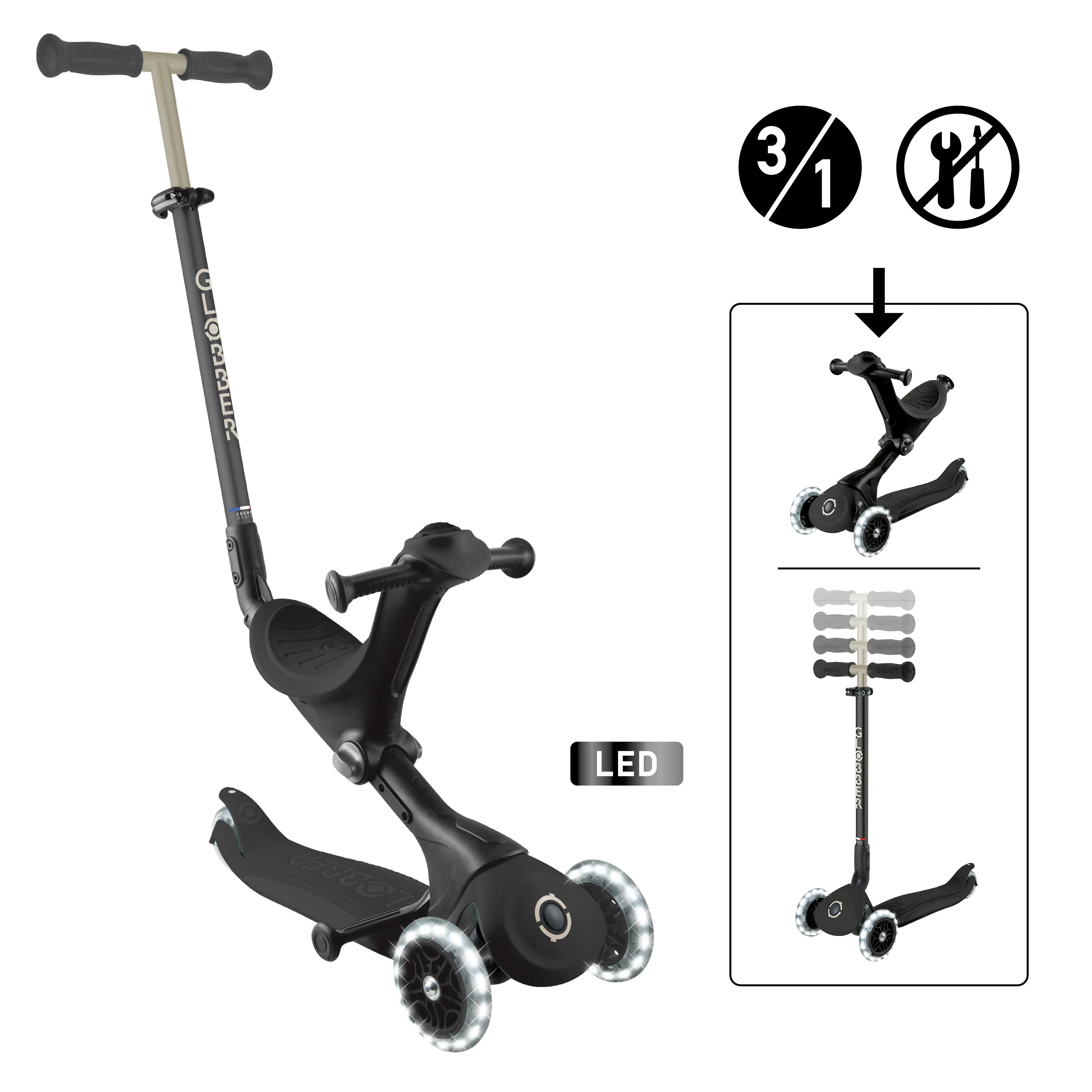 Globber Scooter 3in1 Junior Go-Up Deluxe Lights schwarz mit Leuchtrollen