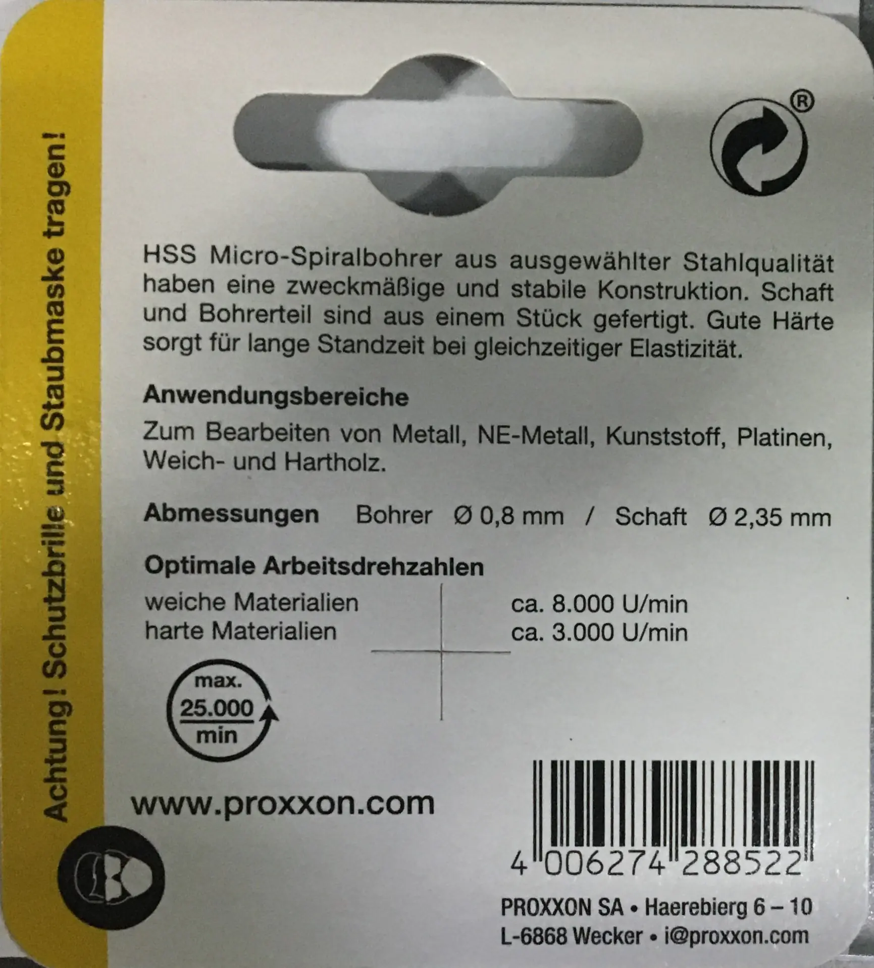 Proxxon Micromot Mikro-Spiralbohrer 0,8 mm 3 Stück