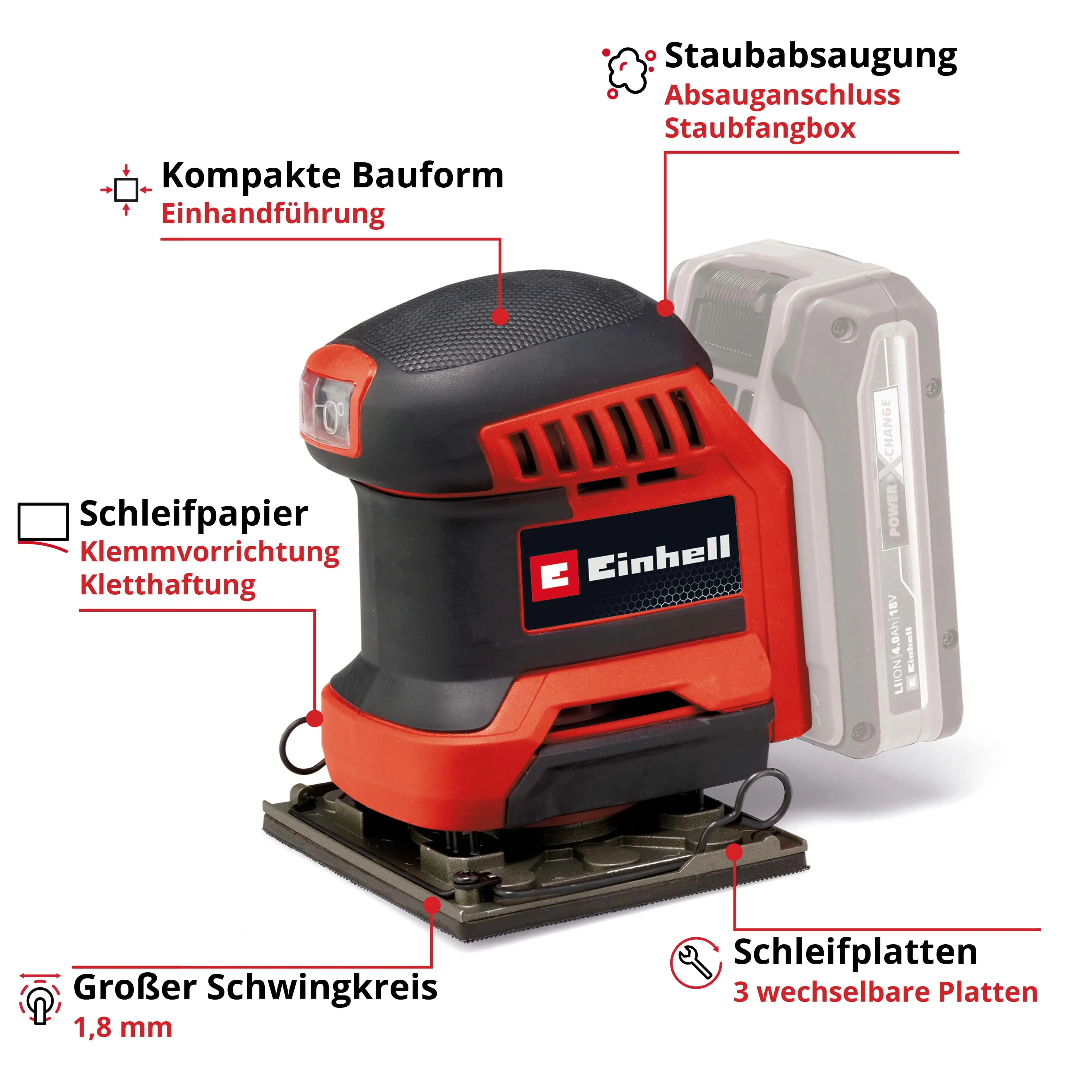 Einhell Expert Akku-Faustschleifer TE-OS 18/113 3X  Li Solo