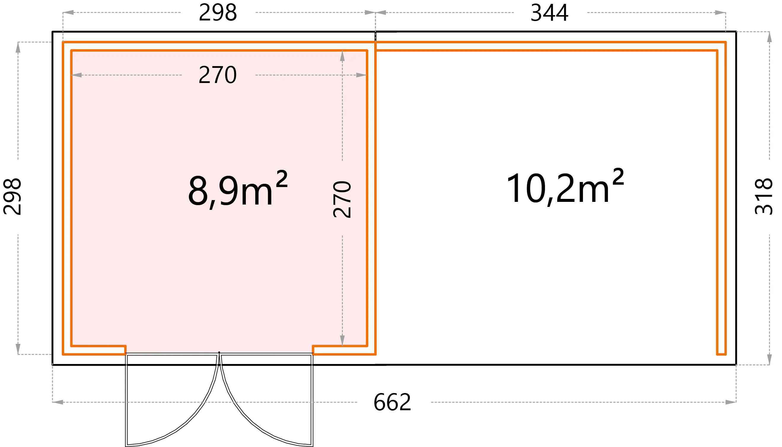 Telluria Gerätehaus Classico Lounge L 3030 rechts EW weiß 642 x 298 cm