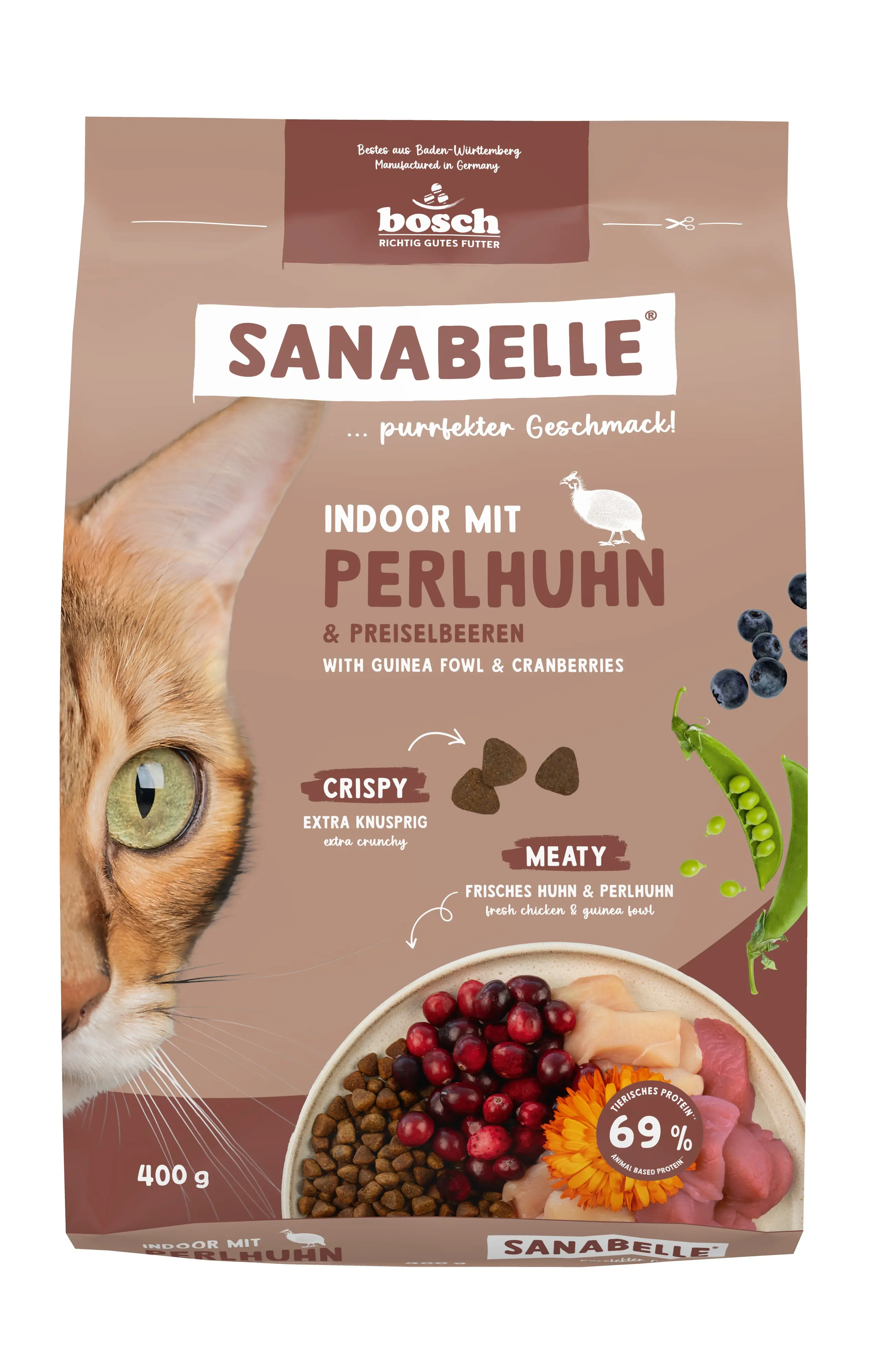 Sanabelle Katzentrockenfutter Adult Indoor mit Perlhuhn & Preiselbeeren für Hauskatzen 400 g