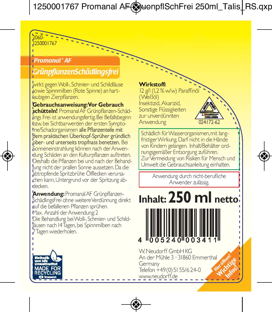 Promanal AF Grünpflanzen SchädlingsFrei 250 ml