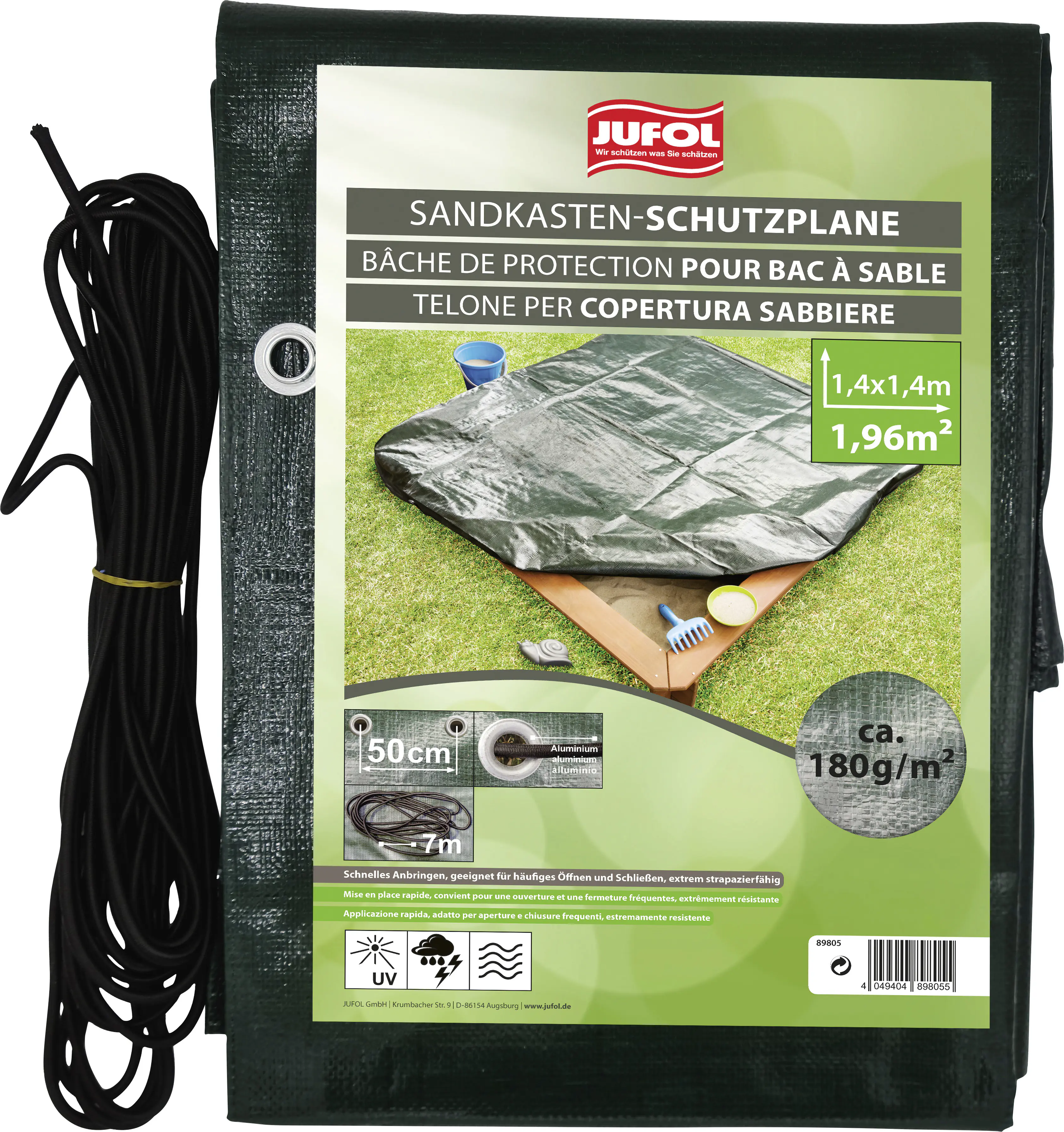 Jufol Abdeckplane für Sandkasten 1,4 x 1,4 m = 1,96 m² - 180 g/m² grün