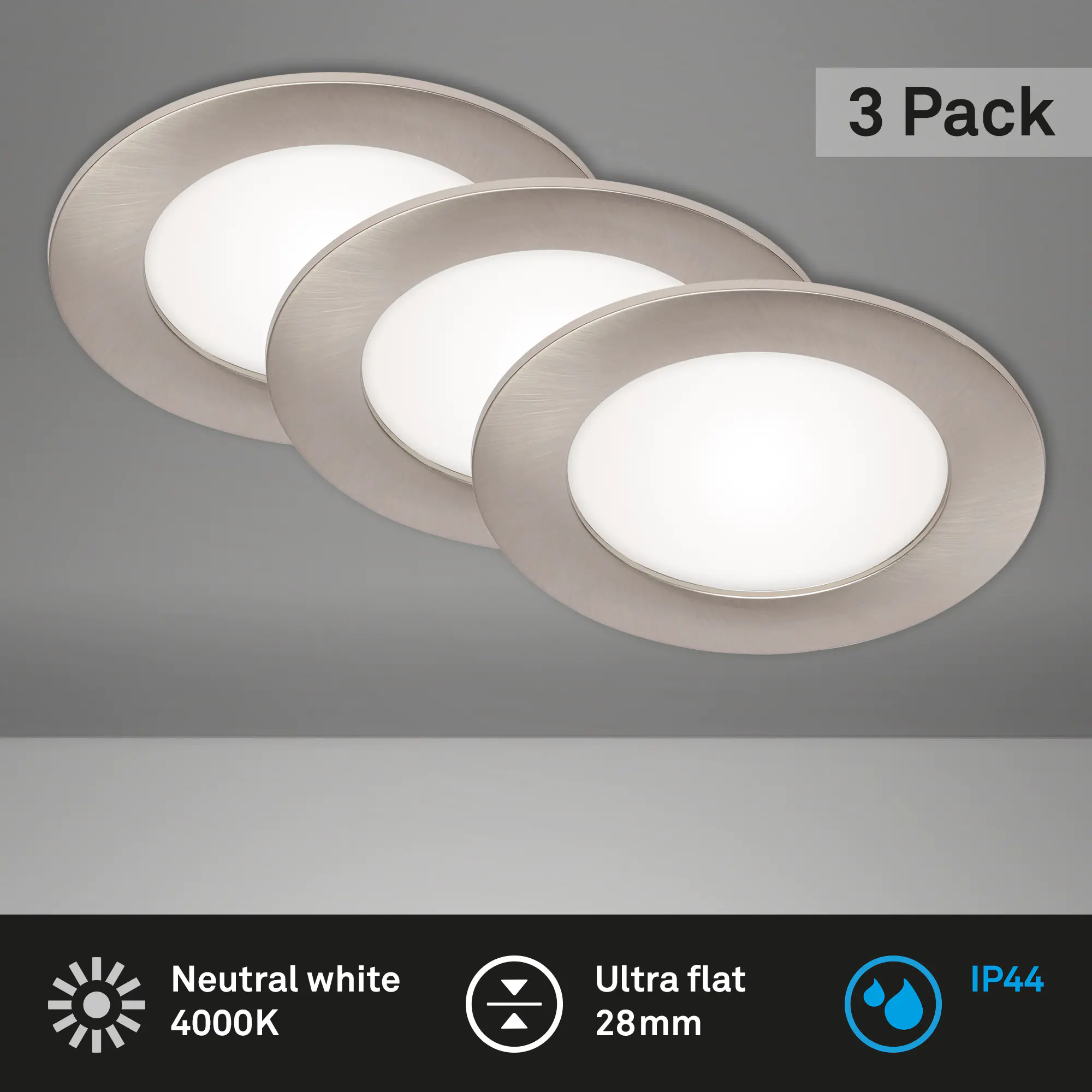 Di-Ka LED Einbauleuchte Flat-In 3er Set nickel-matt Ø 12 cm 7W