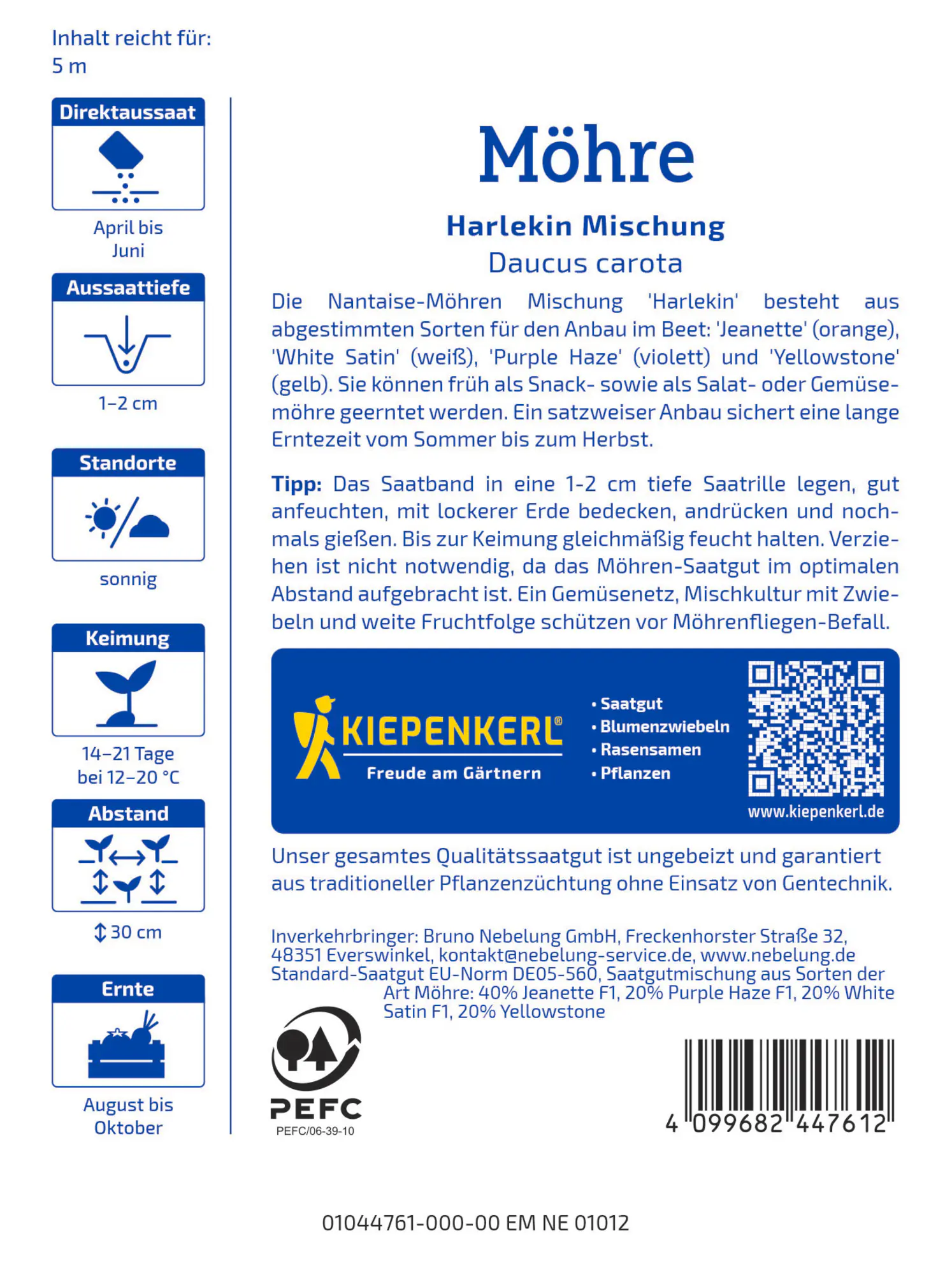 Kiepenkerl Saatgut Möhren Harlekin Mischung F1 Saatband für ca. 1,25 – 1,5 m²