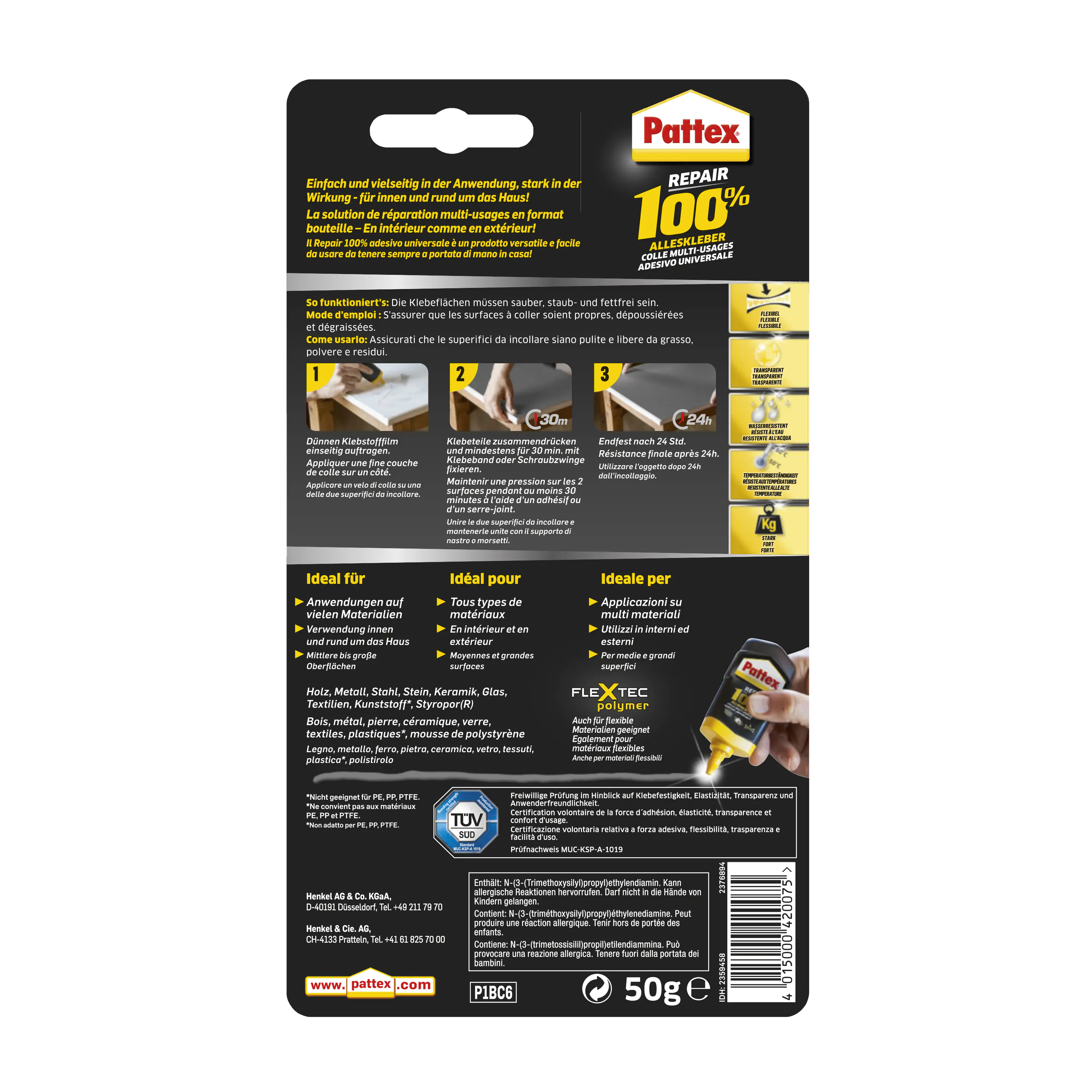 Pattex Alleskleber 100 % Repair transparent 50 g Flasche
