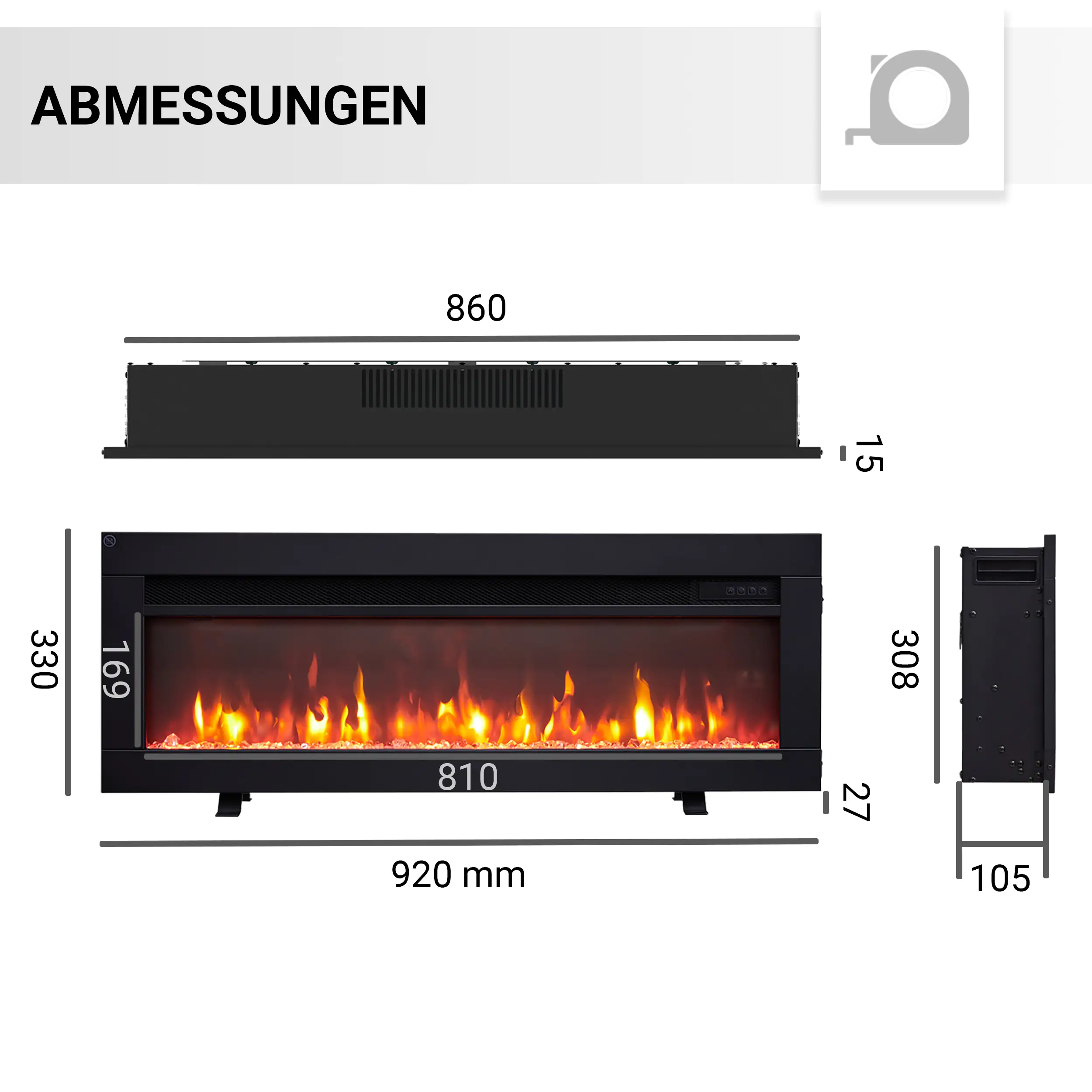 BALDERIA Elektrokamin schwarz Agnes 36 1000/1800 Watt 33 x 92 cm