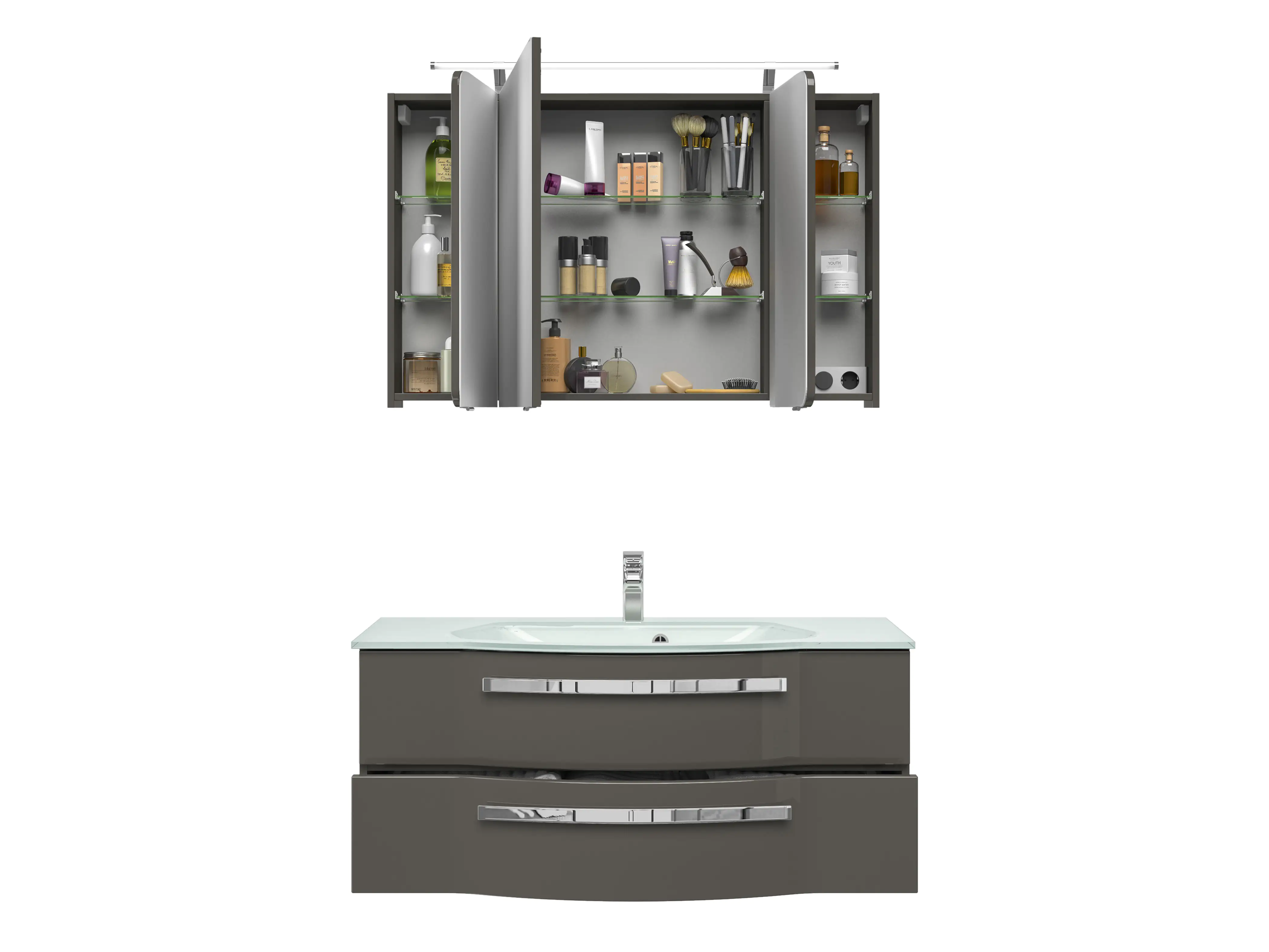 Pelipal Badmöbel-Set 4005 Lack steingrau Hgl mit Glas-Waschtisch + LED-Leuchte 120 cm