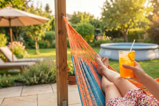Sommerlicher Garten mit einer bunten Hängematte und einem Cocktail.
