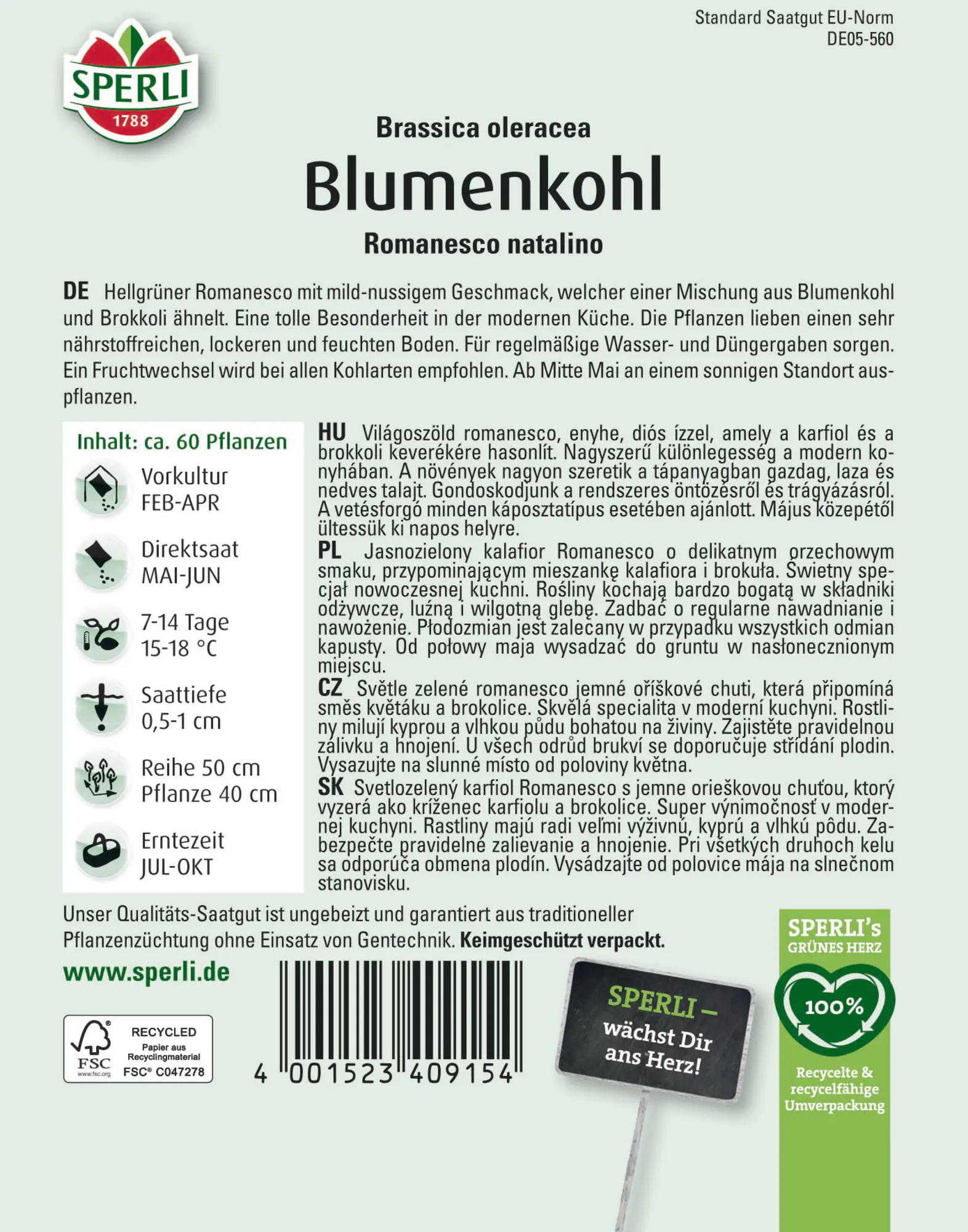 Sperli Saatgut Blumenkohl Romanesco Natalino für ca. 60 Pflanzen