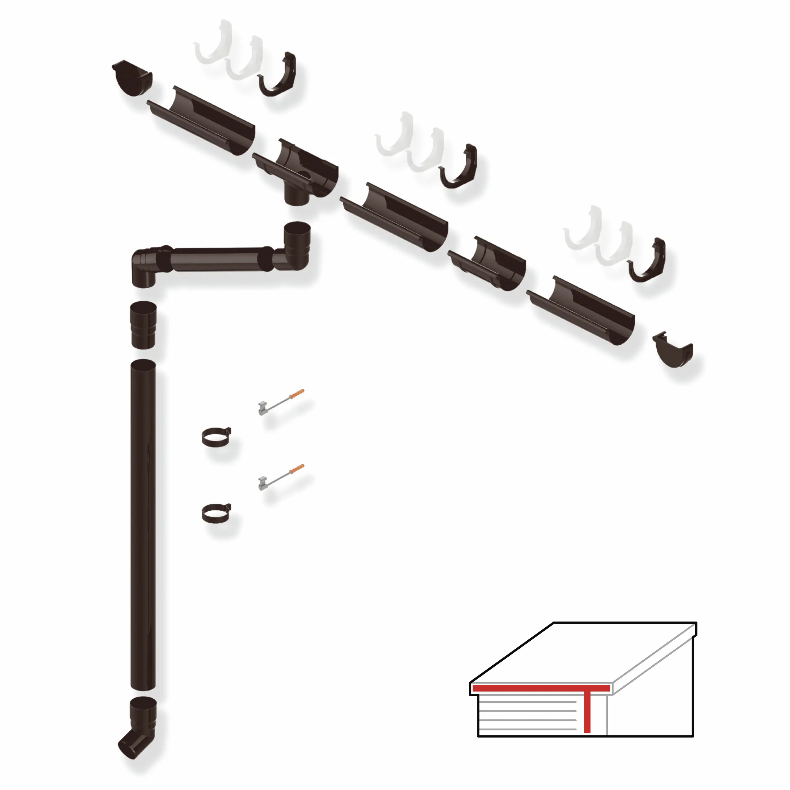 SMART Dachrinnen-Set PVC, 38-teilig, 75/63 mm für 8 m Dachlänge, Braun RAL 8019