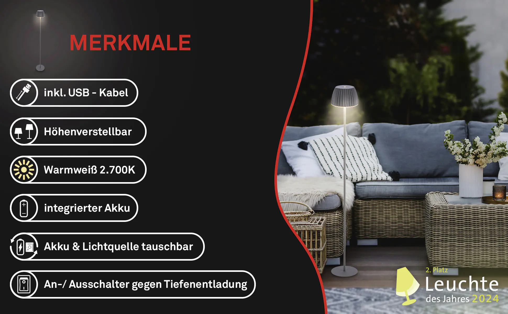 Briloner LED-Stehleuchte Riffle mit Akku anthrazit dimmbar