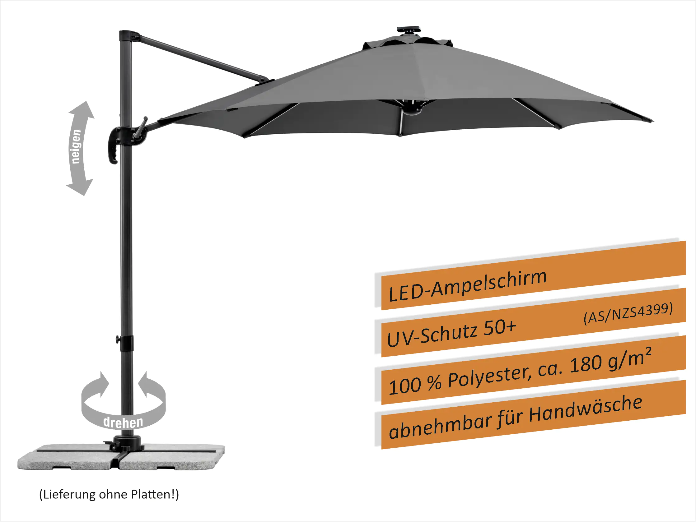 Schneider Ampelschirm Rhodos Blacklight anthrazit Ø 300 cm inkl. Sonnenschirmhülle