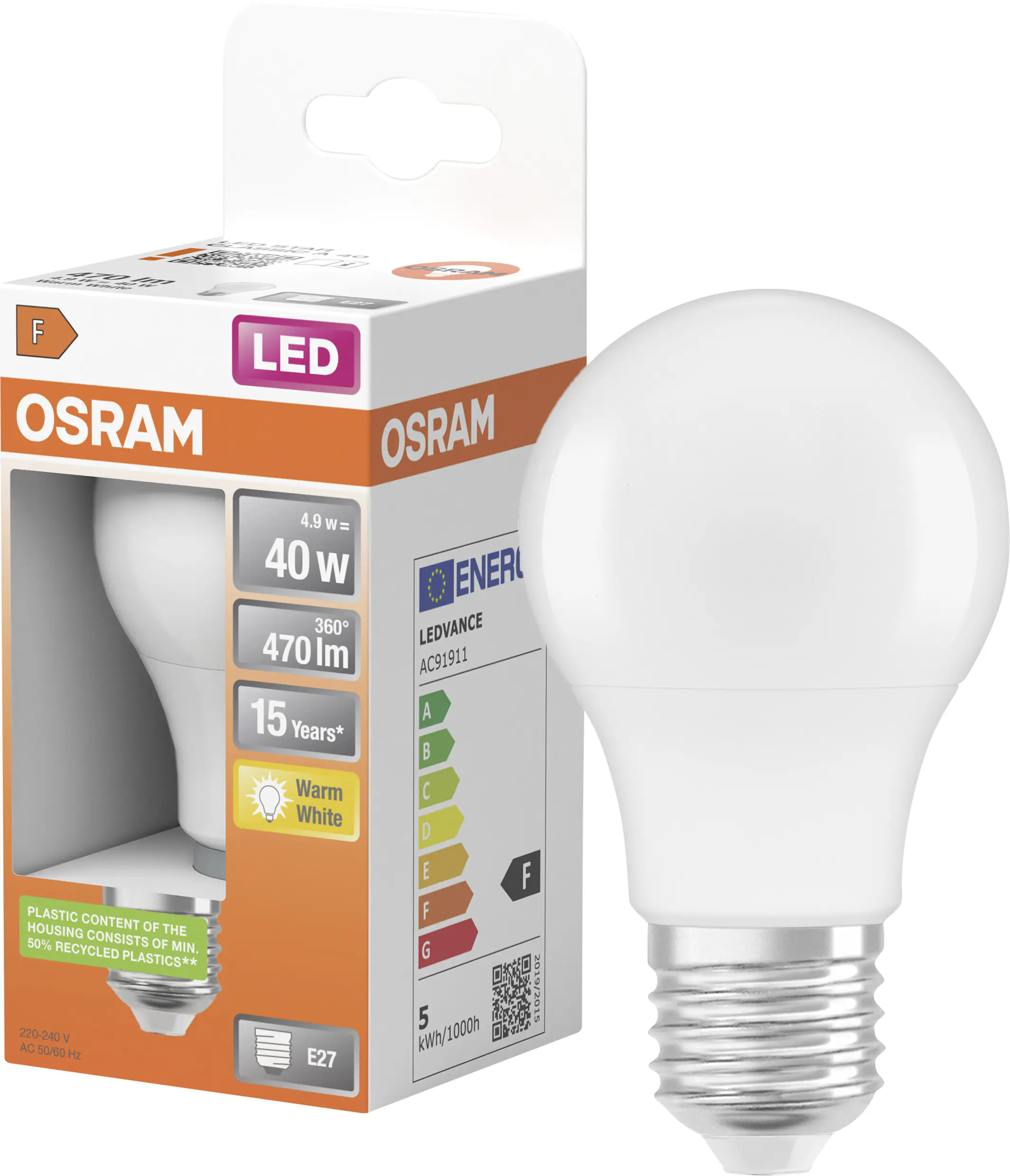 Osram LED Leuchtmittel Star Classic A40 E27 4,9 W warmweiß, weiß matt