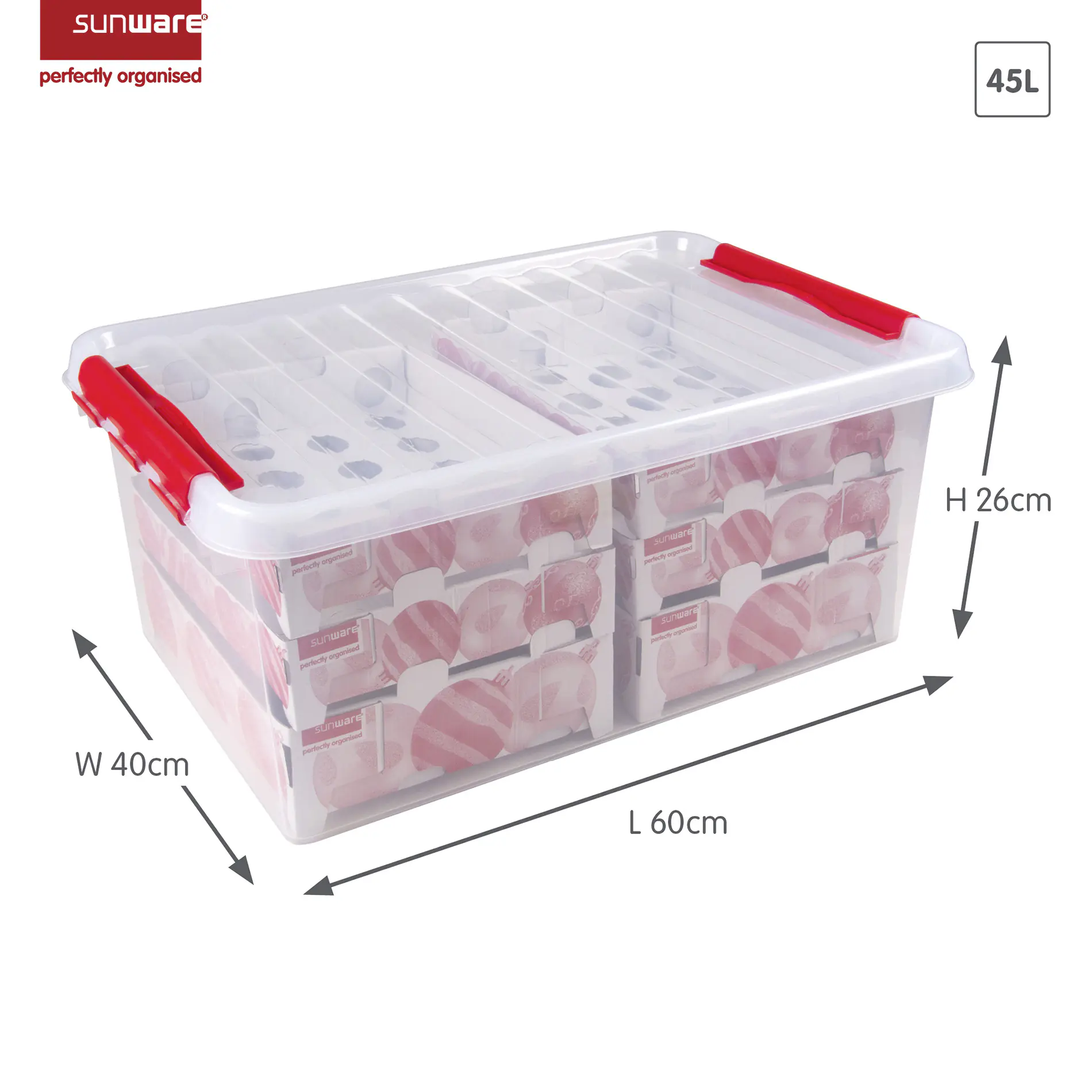 Sunware Weihnachtsbox Q-line 45L mit Einsatz für 98 Kugeln transparent rot