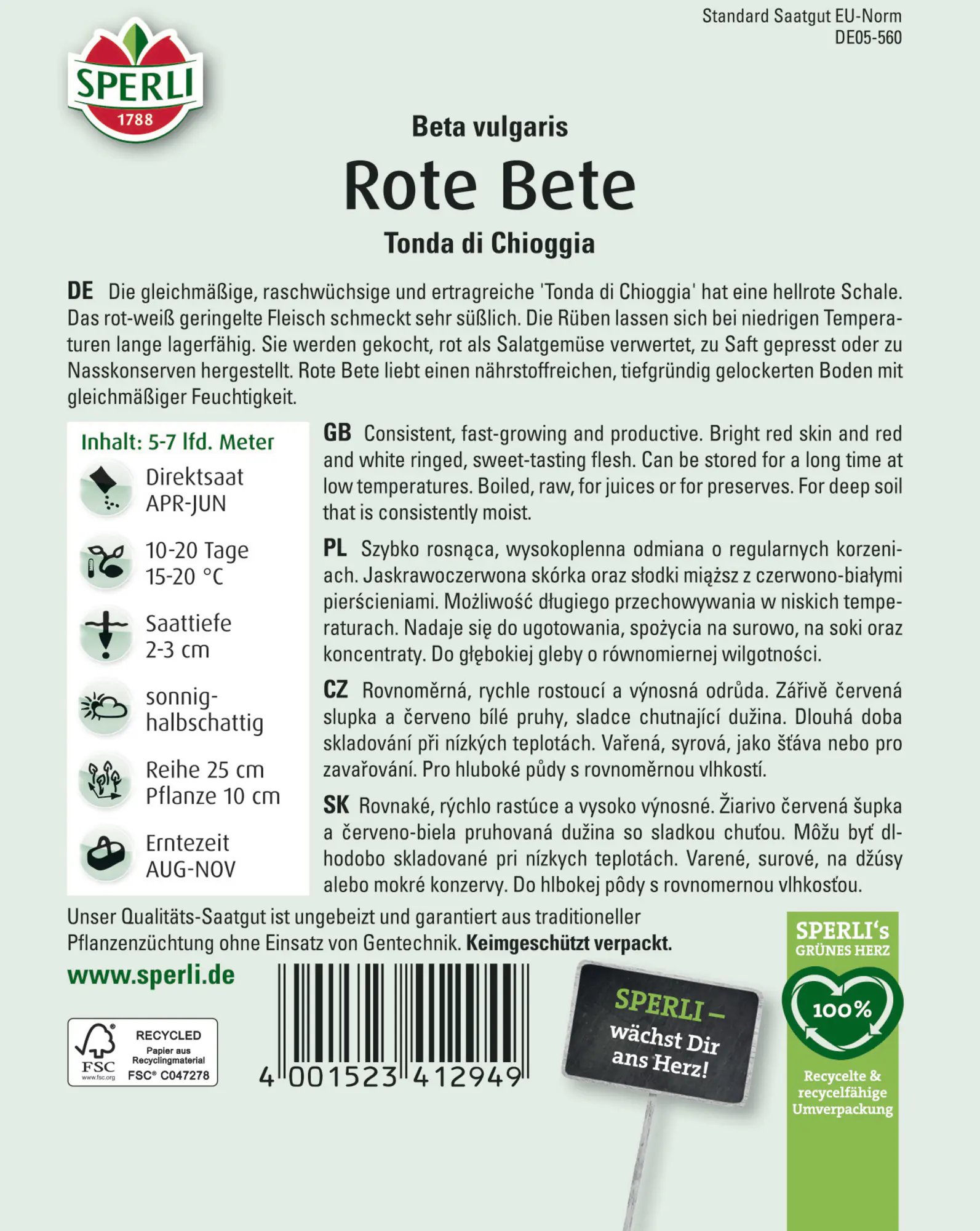 Sperli Saatgut Rote Bete Tonda di Chioggia für bis zu 5-7 lfd. Meter