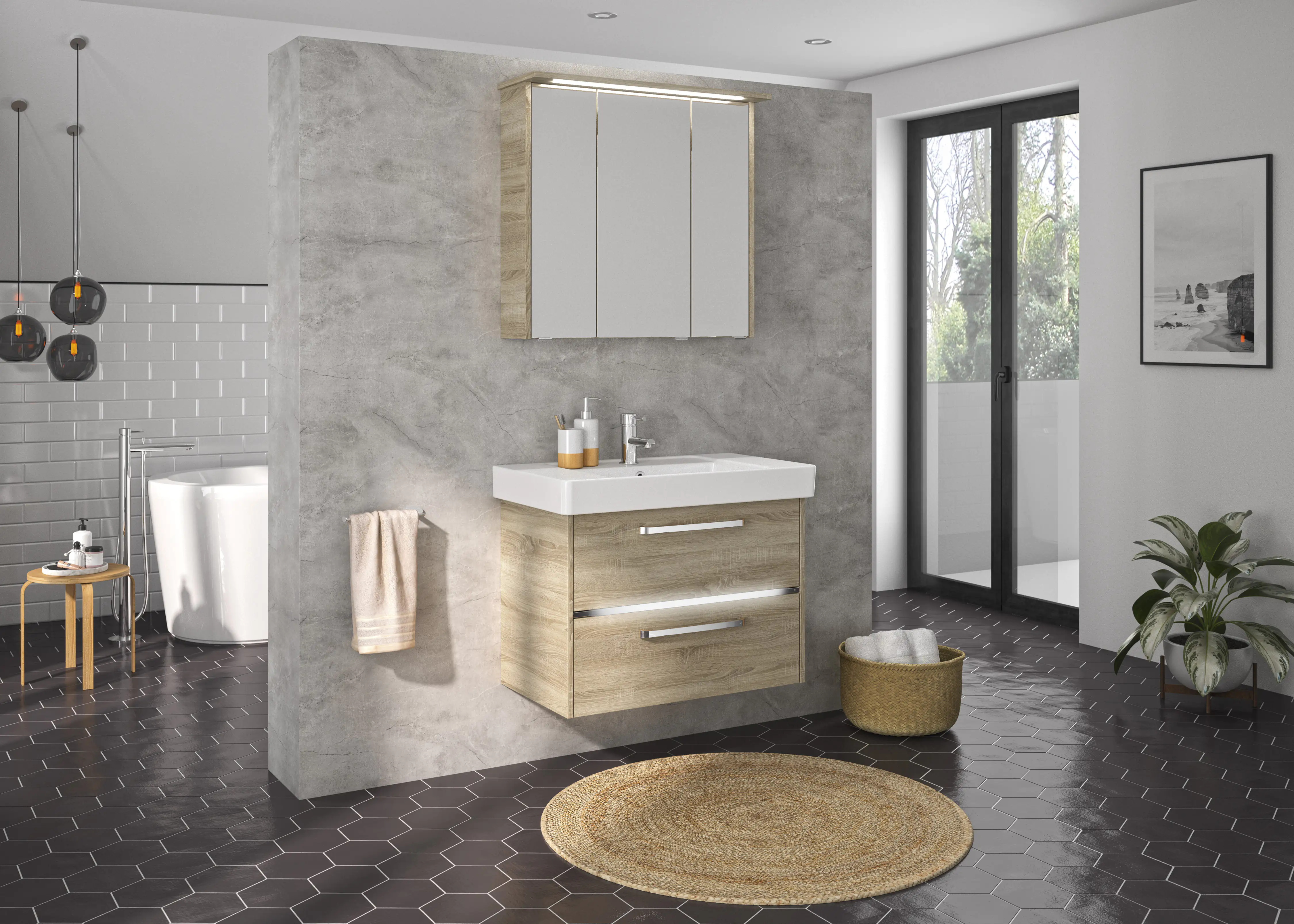 Primaster Badmöbelset Berlin eiche 80 cm Twin LED, Keramikwaschtisch