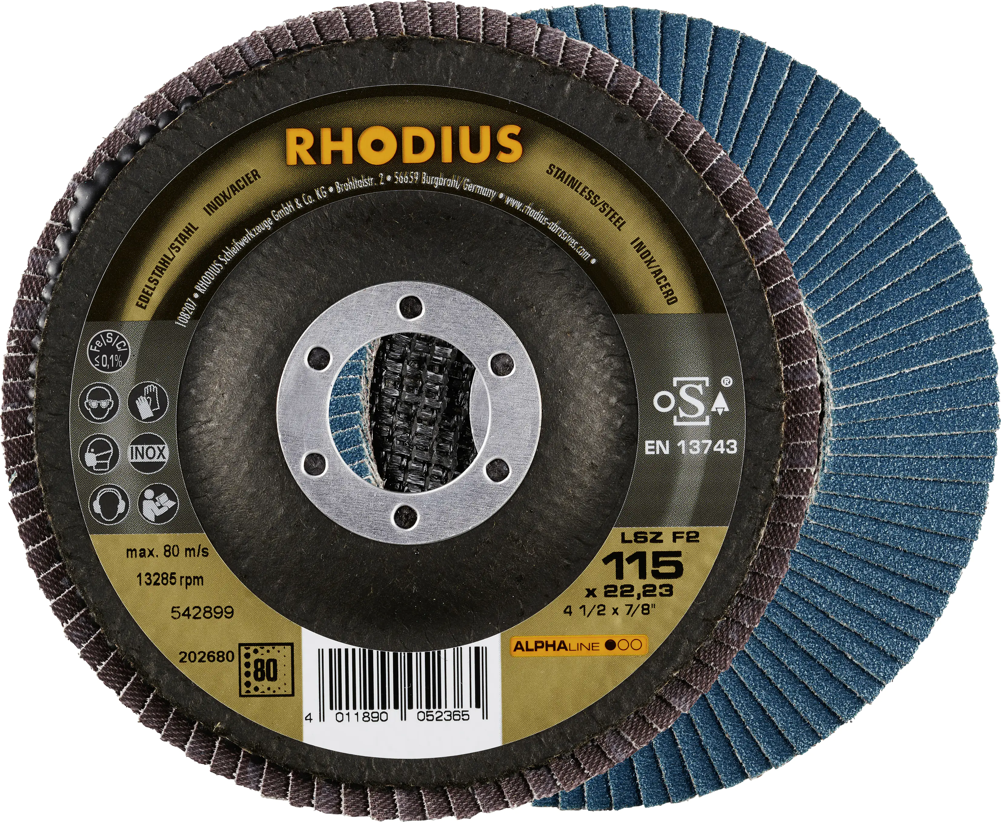 Rhodius Schleifscheibe LSZ F2 K80 Stahl Ø 115 mm Bohrung 22,23 mm