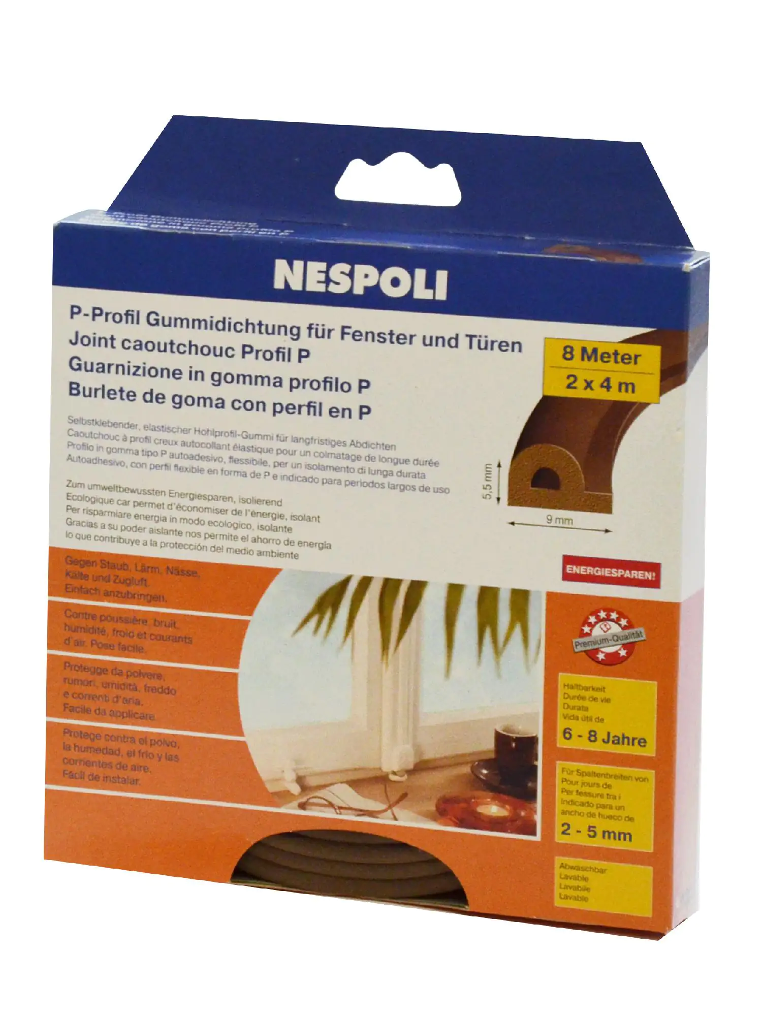 Nespoli Fenster- und Türdichtung mit P-Profil je 4 m, 9 x 5,5 mm, braun, 2 Stück