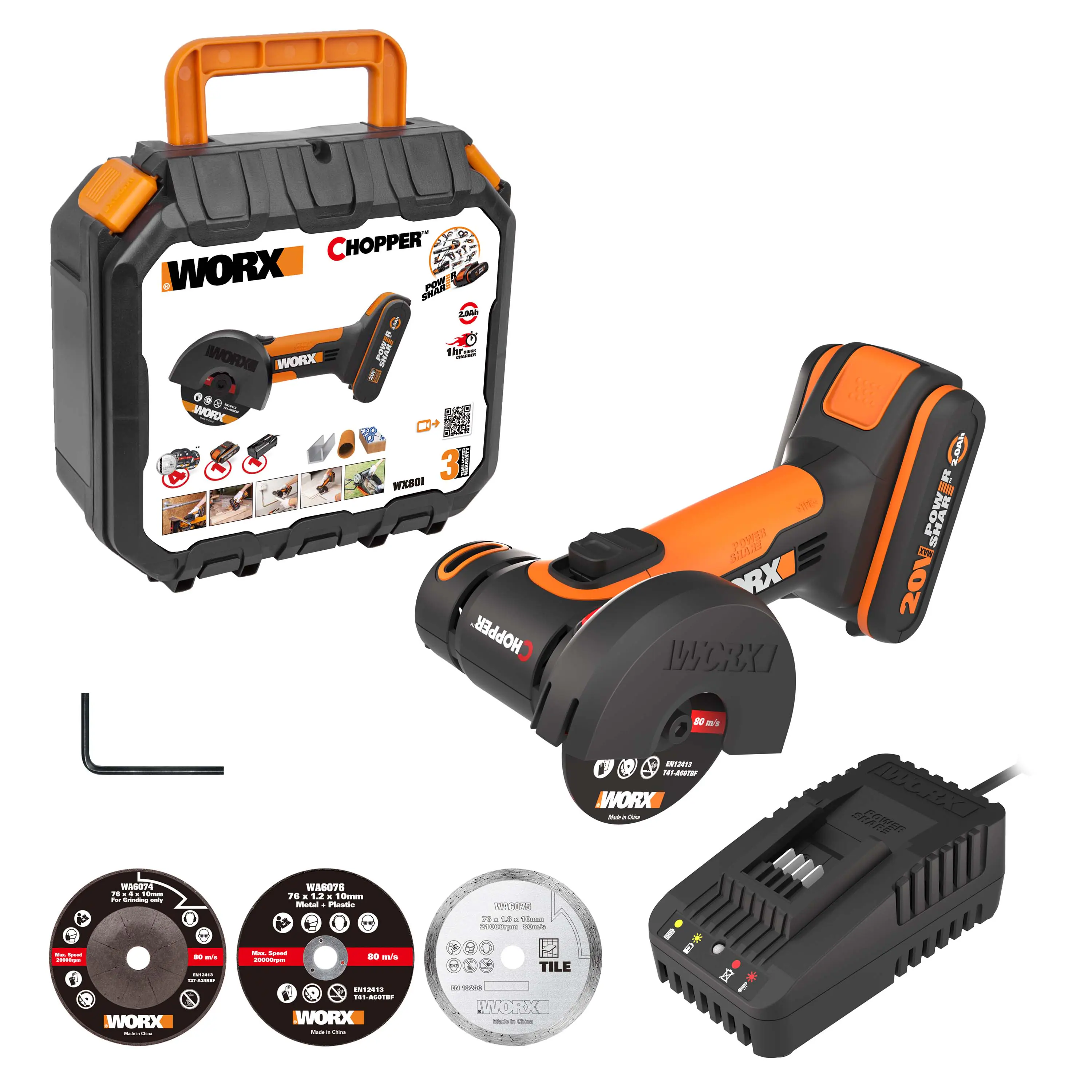 Worx Mini Akku-Winkelschleifer Chopper WX801 20 V inkl. Akku 2 Ah & Ladegerät
