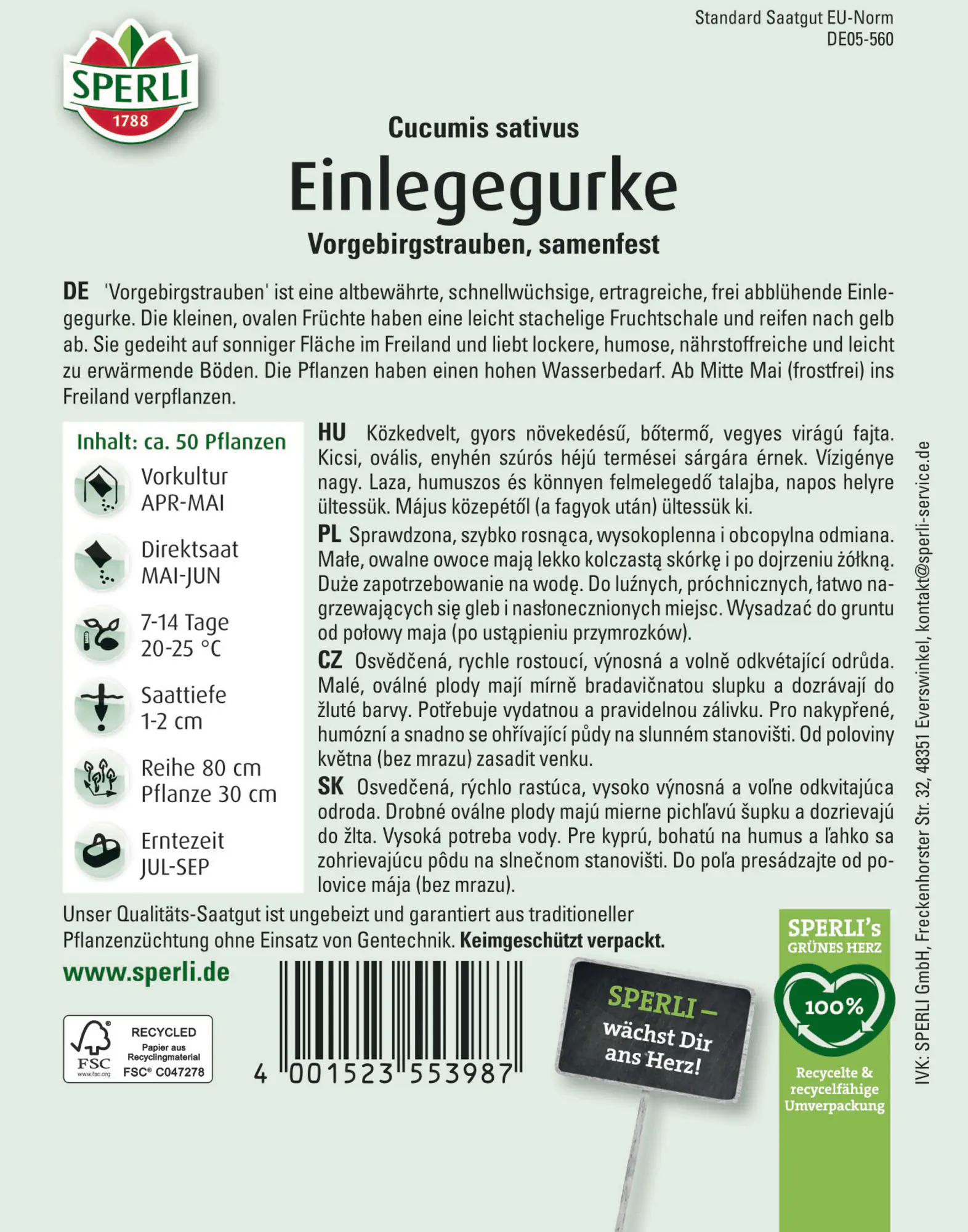 Sperli Saatgut Einlegegurken für ca. 50 Pflanzen